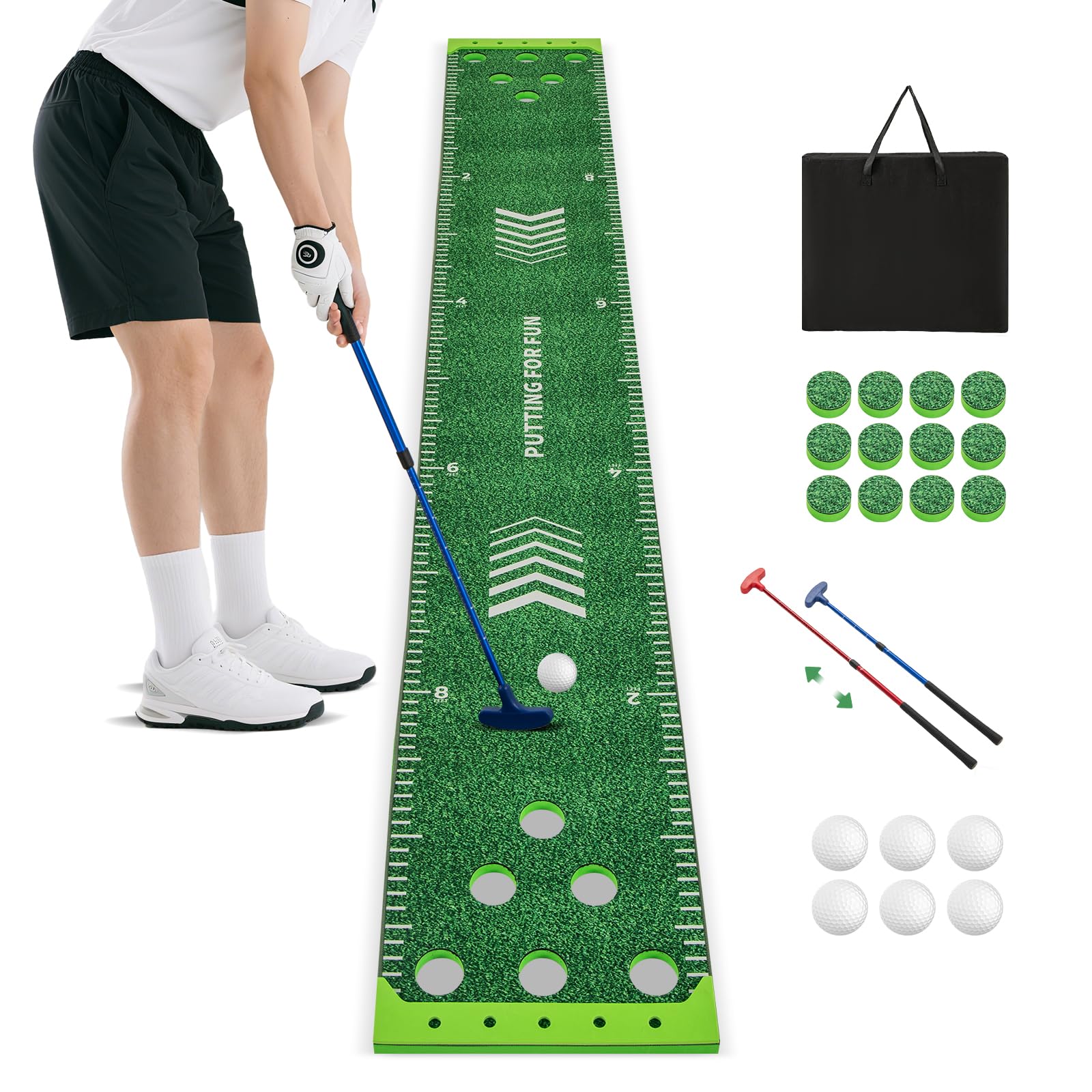 GYMAX Golf Puttingmatte, tragbare Golfmatte mit 2 Verstellbaren Schlägern, 6 Bällen & Tragetasche, Golf Abschlagmatte für Büro, Zuhause, Garten