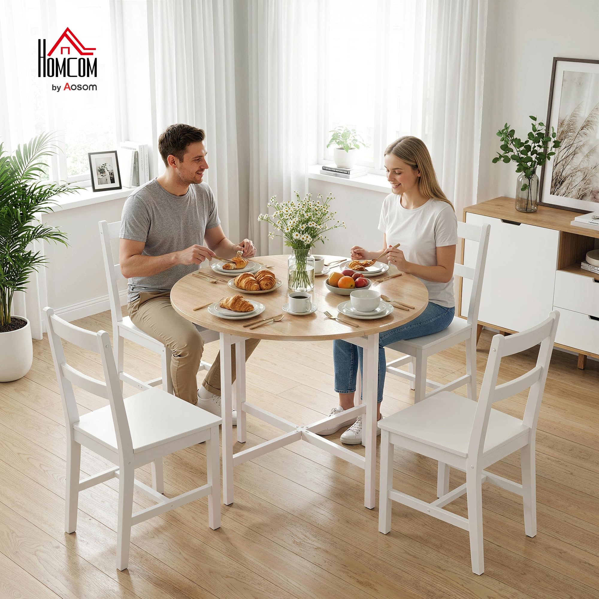 HOMCOM Esstisch Klappbarer Küchentisch für 2-4 Personen, Runder Esszimmertisch mit Stahleinen Klapptisch für Kleine Räume, Esszimmer, Küche, 80 x 80 x 76 cm, Naturholz