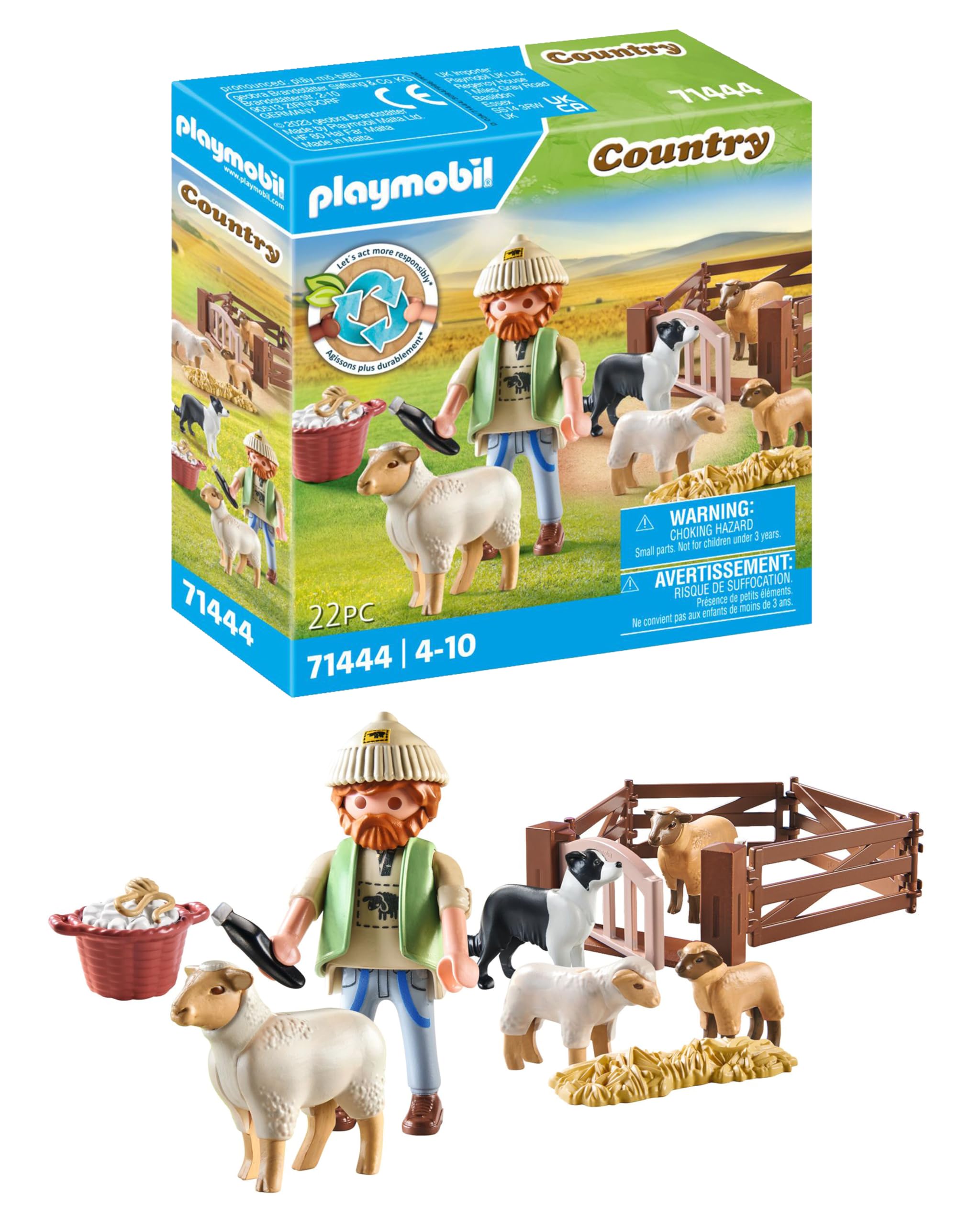 PLAYMOBIL Country 71444 Pastor con rebaño de ovejas, con un Border Collie, un cortapelos y Paja, Juegos de rol imaginativos y Divertidos, Juguetes para niños a Partir de 4 años