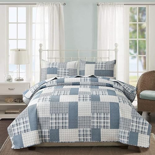 Jarson Juego de edredón de 3 piezas a cuadros tamaño matrimonialqueen, juego de ropa de cama ligero y suave, colcha reversible de retazos azul y
