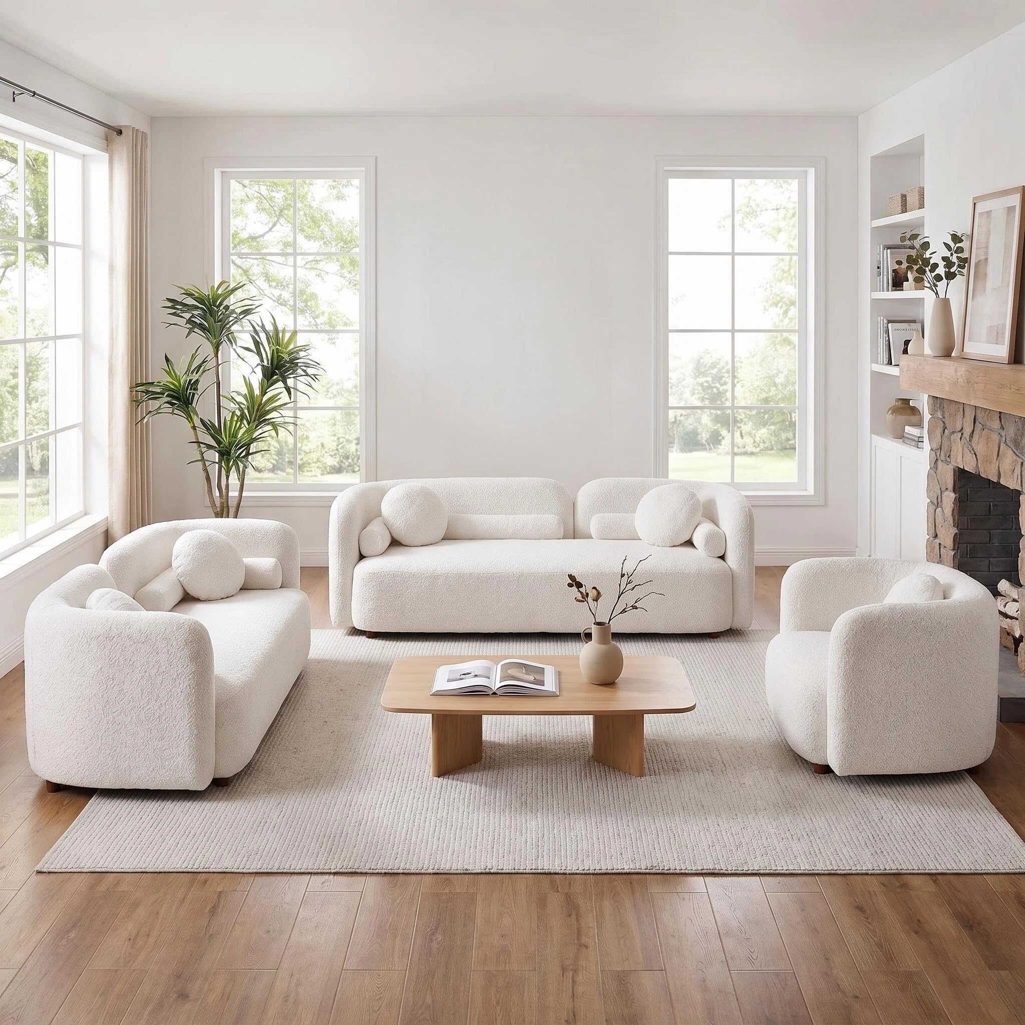 3-Piece Curved Couch Set, White Boucle Sofa Loveseat &amp; Chair
