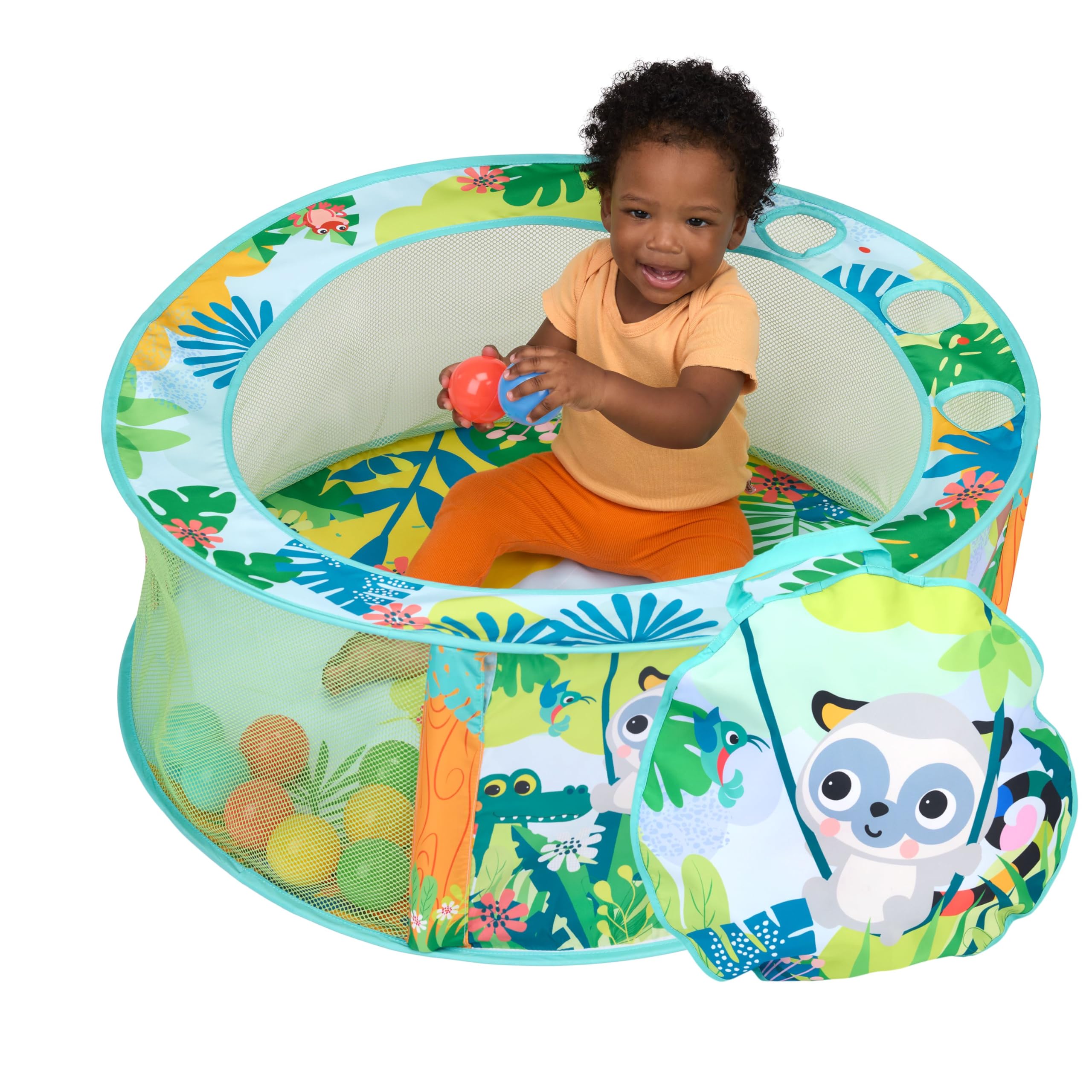 Bright Starts parc à balles pliable Rowdy Rainforest Stow & Go – 20 balles, montage facile et rangement compact, diamètre de jeu 80 cm, paroi en maille avec jeu coucou, sac de rangement inclus, 6M+
