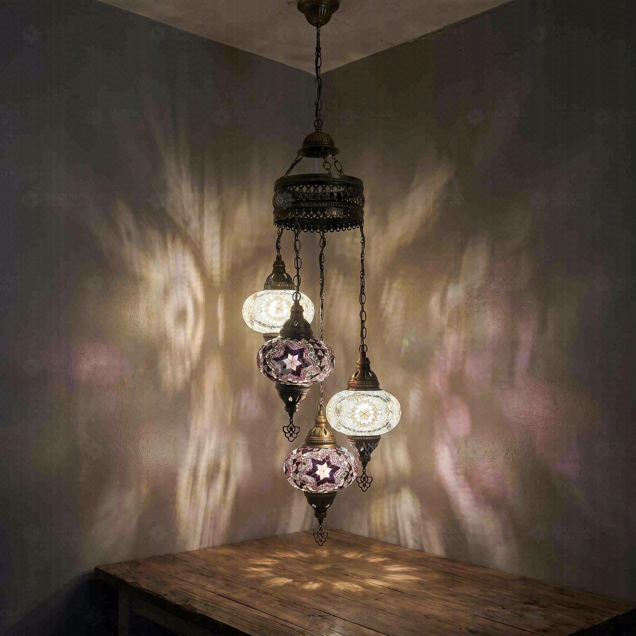 Black and White Turkish Mosaic Chandelier - 4 Globe Hanging Lamp - Handmade Natural Glass Star Pattern - Moroccan Pendant Light with Antique Brass Frame