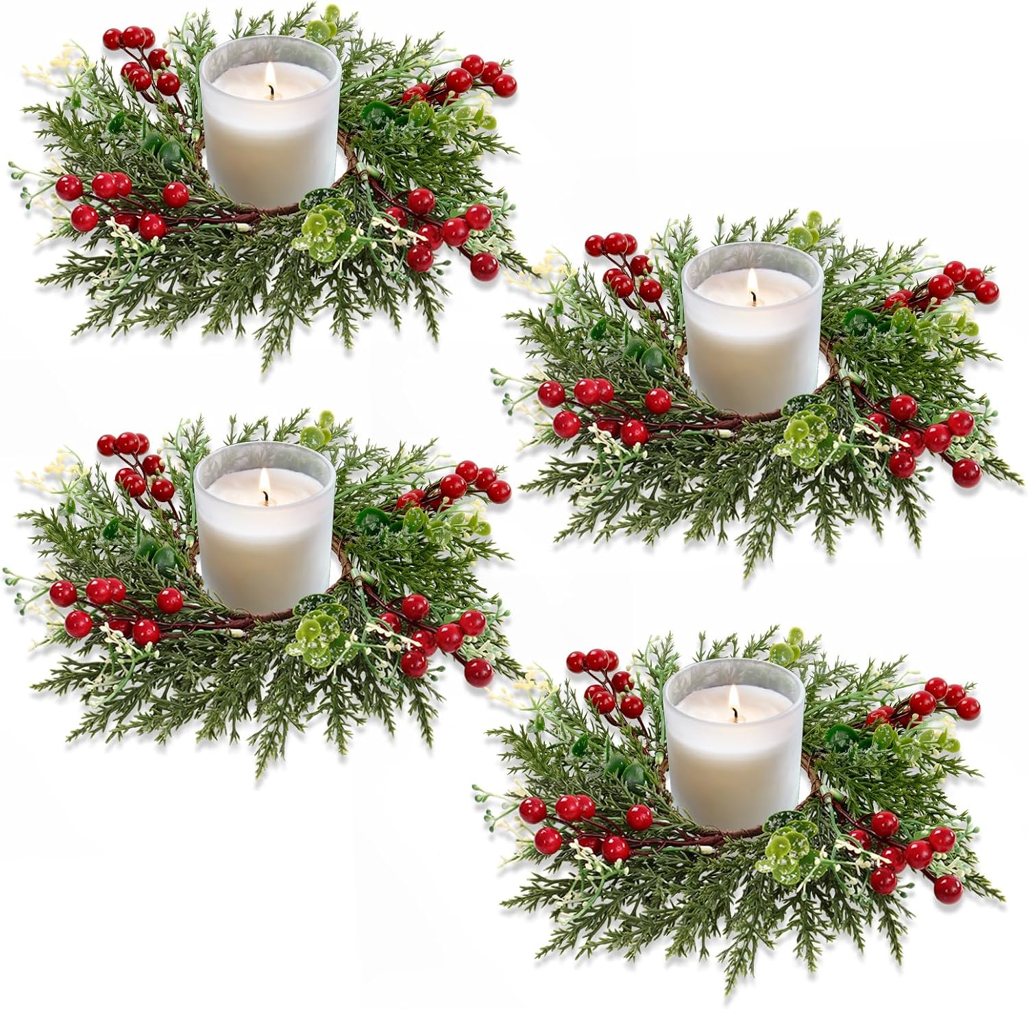 Christmas Candle Rings Wreaths Xmas Kitchen Cabinet Wreath Mini Xmas Wreaths Table Centerpieces Candle Rings for Pillars Christmas Front Door Window Chair Decorations (4PCS)