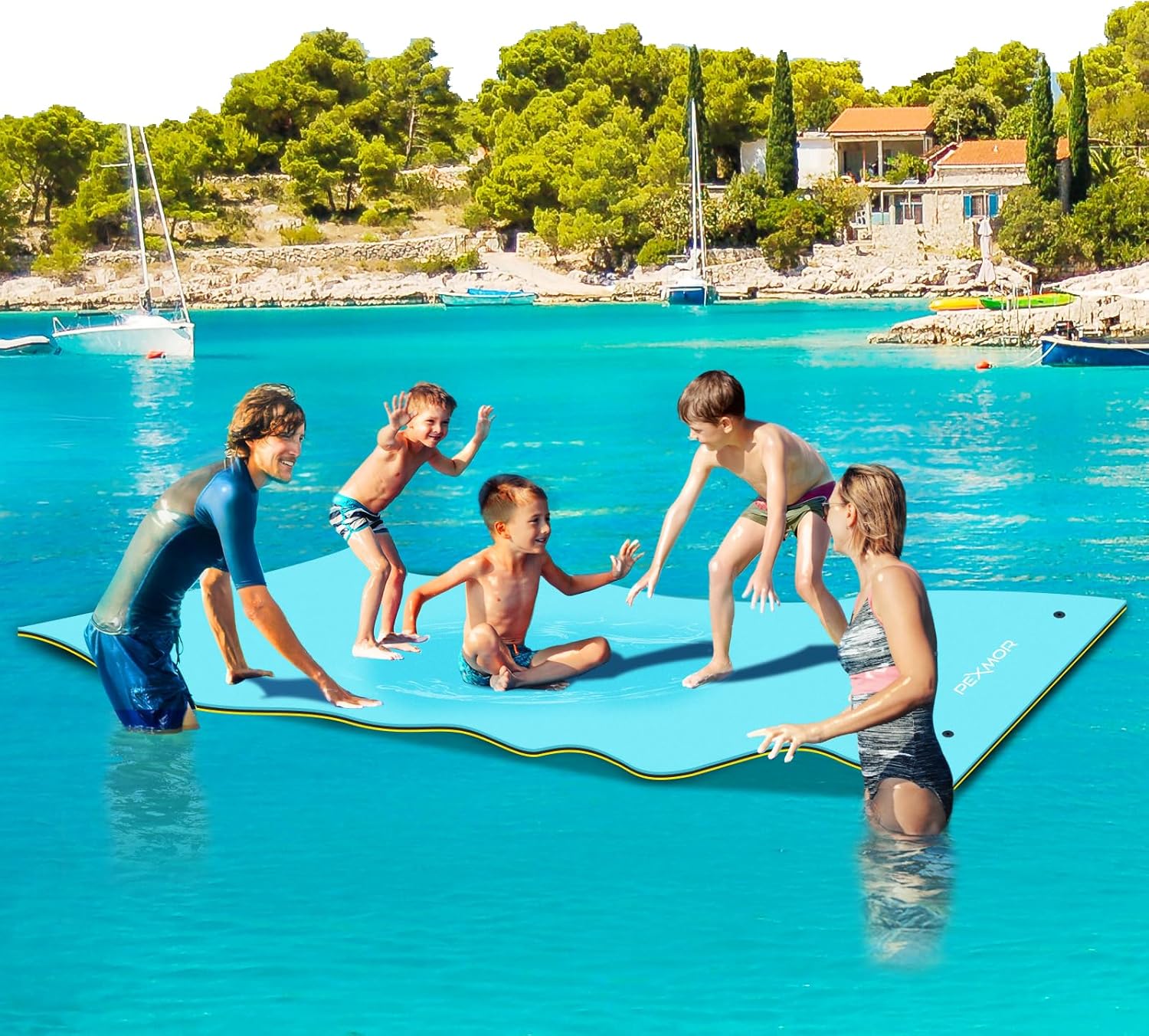 PEXMOR Floating Water Mat, 9/12/18 x 6 FT Floating Pad for The Water, 3-Layer XPE Foam Water Floating Island w/Bungee Tether & Storage Straps for Lake Pool Beach River