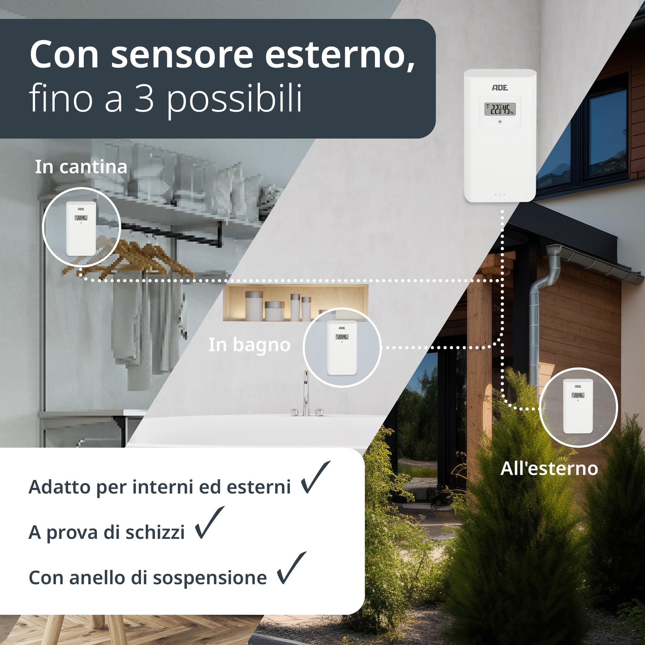 ADE Stazione meteo con sensore esterno | termometro ambiente | igrometro umidità casa | barometro | radiosveglia digitale da comodino | Batteria e adattatore di rete inclusi
