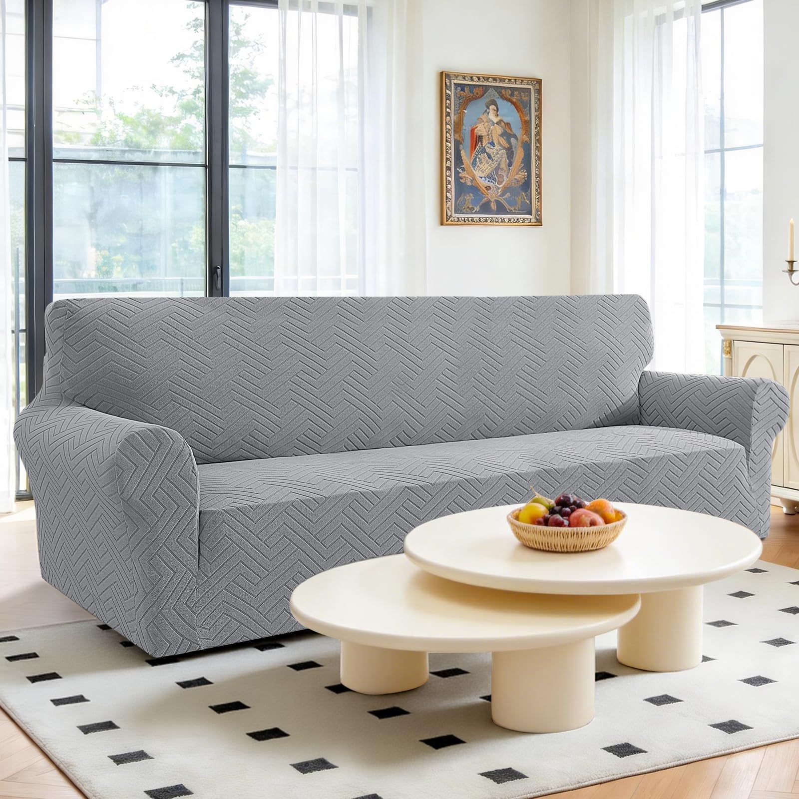Stretch Sofaüberzug 4 Sitzer, Sofabezug rutschfest Mit Armlehnen, Universal Sofa Überzug Durable, Moderne Kratzfester Sofa Cover, Waschbare Sofaüberzug Für Wohnzimmer, Hellgrau