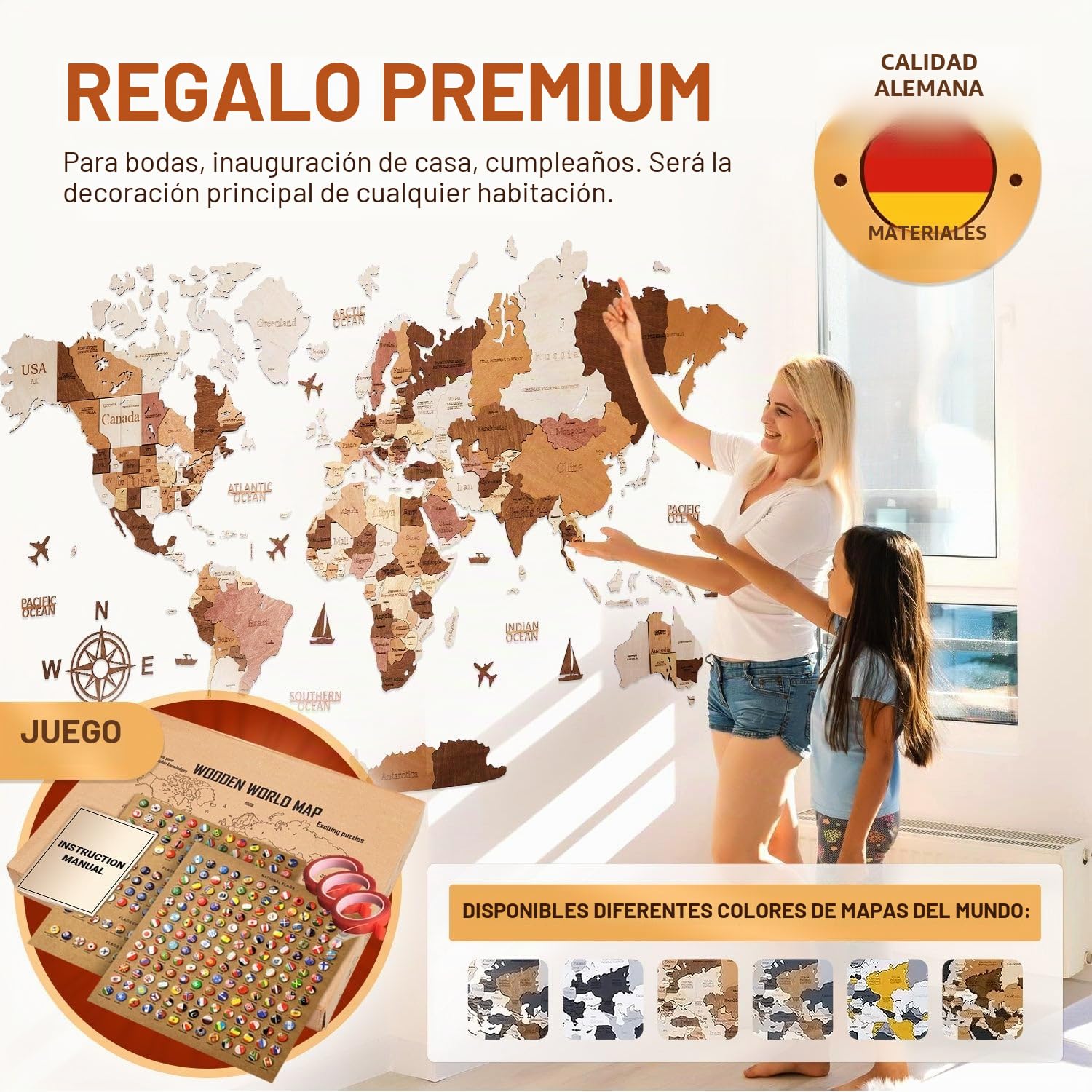 Mapamundi de Madera en Inglés - Decoración 3D sin Taladrar | Contrachapado de abedul multicapa, 324 pines con banderas, 120x62 cm, solo 1,6 kg, montaje adhesivo, cabe sobre el escritorio