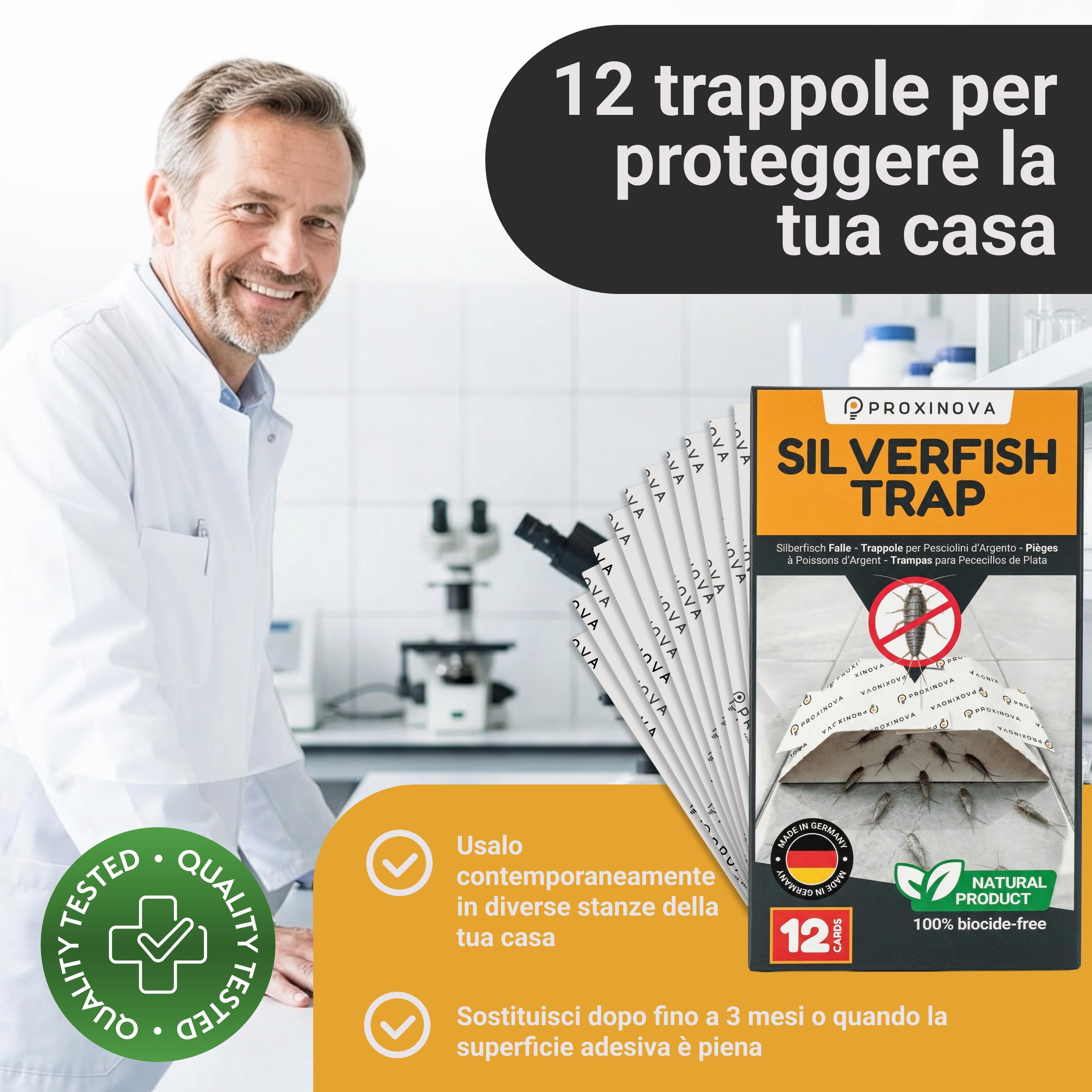 Proxinova Trappole Pesciolini d'argento - Trappola Pesciolini D'argento con Esca Naturale Adesiva per Monitoraggio Infestazioni Fino a 12 Settimane - 12 Pezzi - Made in Germany