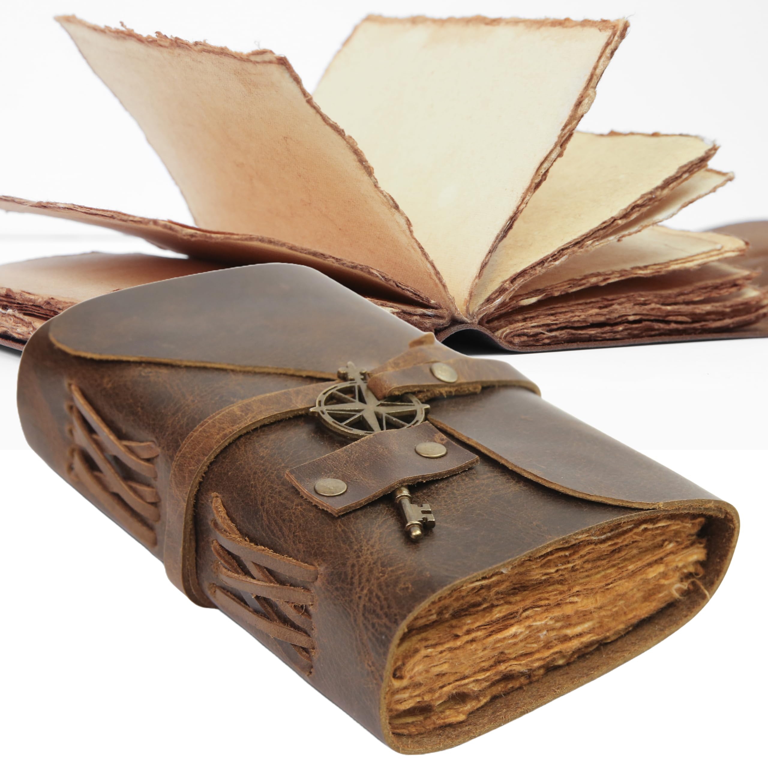 Wanderings Vintage Leather Journal - 4" x 6" - Small Antique Hand-Crafted Leather with Bound Old Fashioned Deckle Edge Paper - Perfect for Writing Shadows Journal a Grimoire Sketching