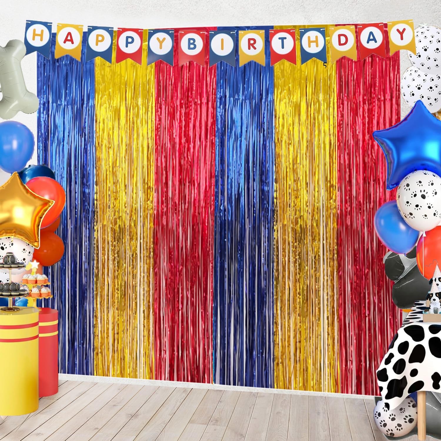 Paw Birthday Decorations, 2 Pack Blue Gold Red Foil Fringe Curtains Streamers for Cartoon Animal Birthday Dog Party Supplies Backdrop House Doorway