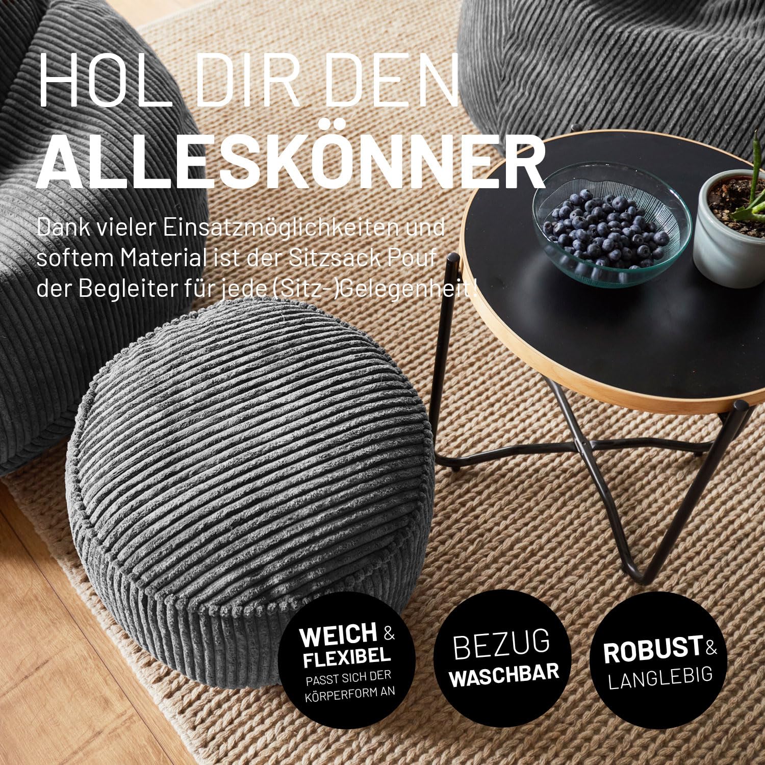 Lumaland Sitzsack Pouf aus Cord | Kompakter 50L Gaming Pouf mit 3-in-1-Funktion: bequemer Hocker, praktisches Tischchen & stylischer Indoor Fußschemel | Ø 25 x 45 cm [Grau]