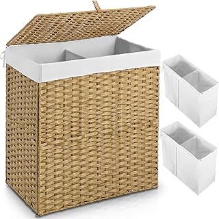 GREENSTELL Laundry Hamper with lid, No Install Needed, 110L Wicker Laundry Baskets Foldable 2 Removable Liner Bags, 2 Section Clothes Hamper Handwoven Synthetic Rattan Laundry Basket with Handles, Natural 22.2x13.3x24.0 Inches