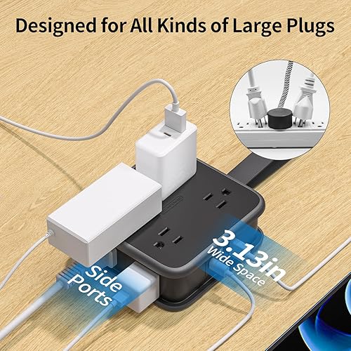 Miniatura 6 de NTONPOWER Cable de extensión plano, 8 tomas amplias, regleta de enchufe plano negro con 3 puertos USB (1 USB C), regletas de alimentación montadas