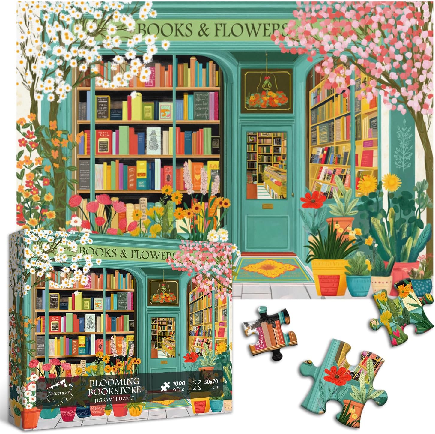 PICKFORU Book Jigsaw Puzzles 1000 Pieces, Spring Flowers Bookstore Puzzles for Adults, Blooming Bookshelf Puzzle as Home Decor