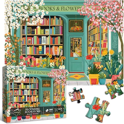 Miniatura 2 de PICKFORU Rompecabezas de libro de 1000 piezas, rompecabezas de flores de primavera para adultos, rompecabezas de estantería floreciente como