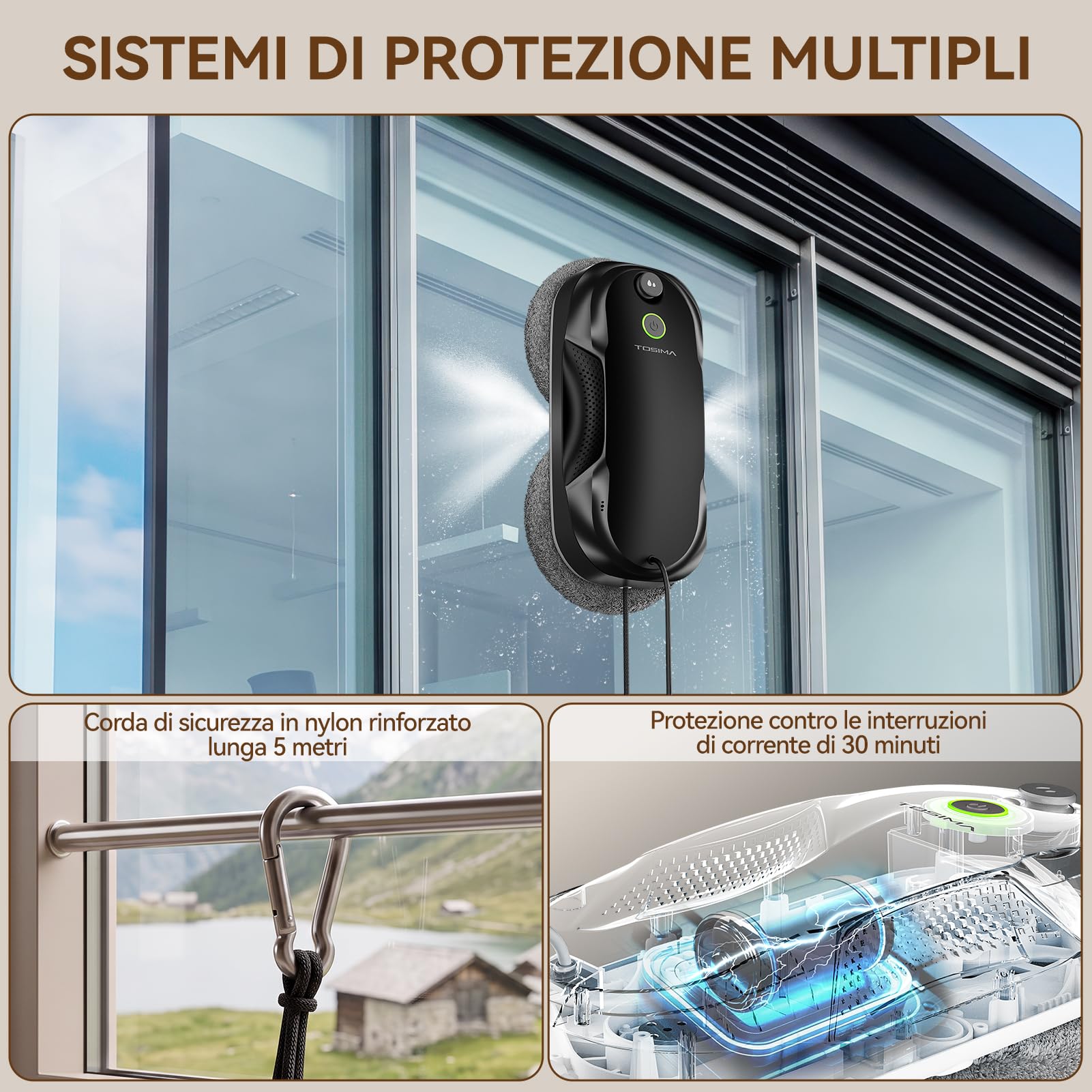 Tosima W5 Robot Lavavetri 6400Pa, Lavavetri Elettrico per Finestre con Spruzzo Bidirezionale, Aspirazione Adattiva, Navigazione Intelligente, Rilevamento Bordi, Sistema Anti-Caduta, Nero