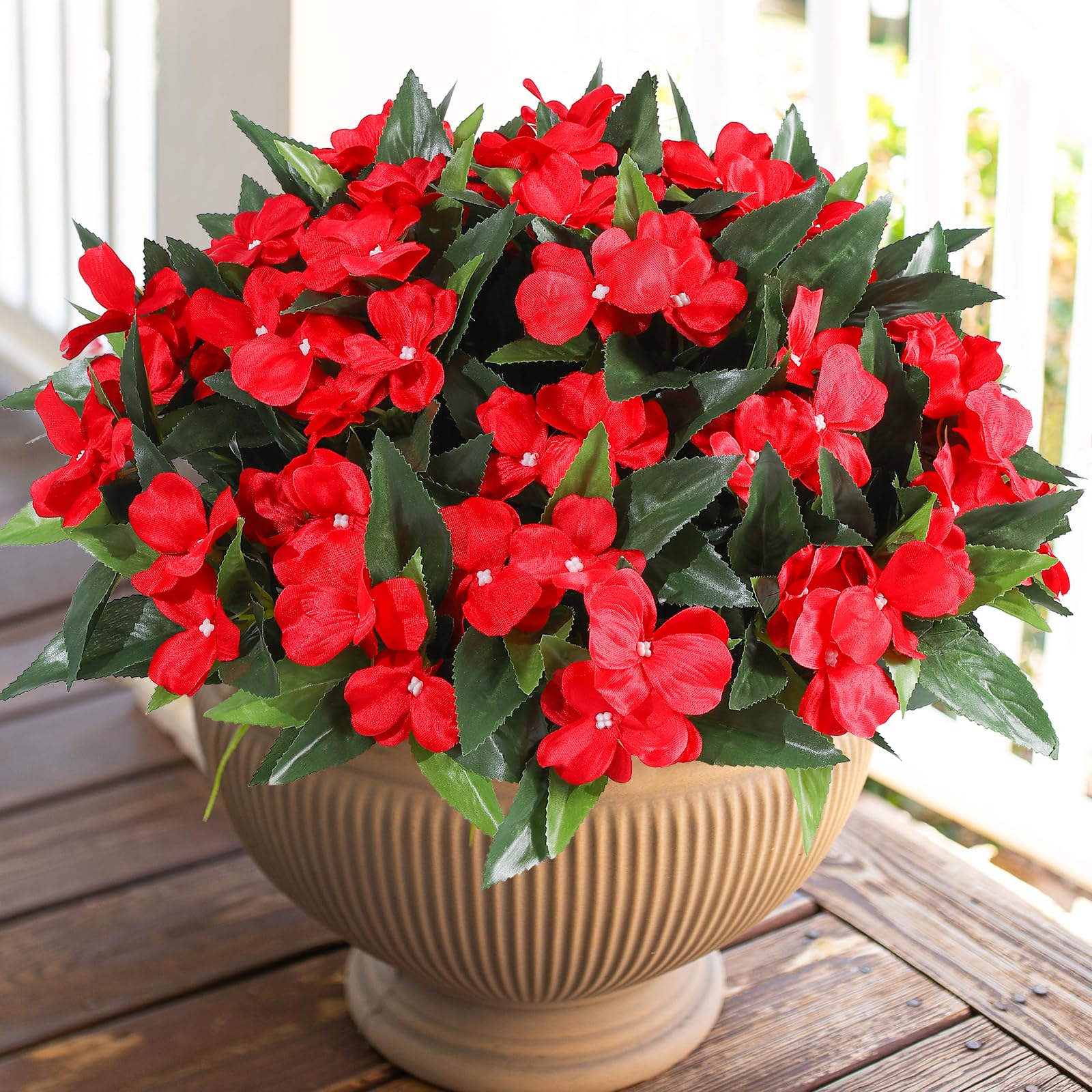 Veryhome Artificial Flowers Outdoor 4 Bundles Silk Flower Bouquet Fake Geraniums Impatiens for Outdoor Indoor Artificial Plants UV Resistant for Home Garden Vase Window Boxes Balcony Decor(Red)