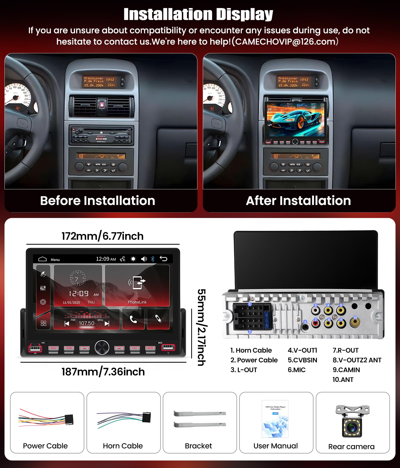 CAMECHO 1 DIN Schermo Tattile 7 Pollici Autoradio con Bluetooth Mirror Link Lettore MP5, Radio 1 DIN per Auto con FM, EQ, USB, Mirror Link, Comandi al Volante + Telecamera