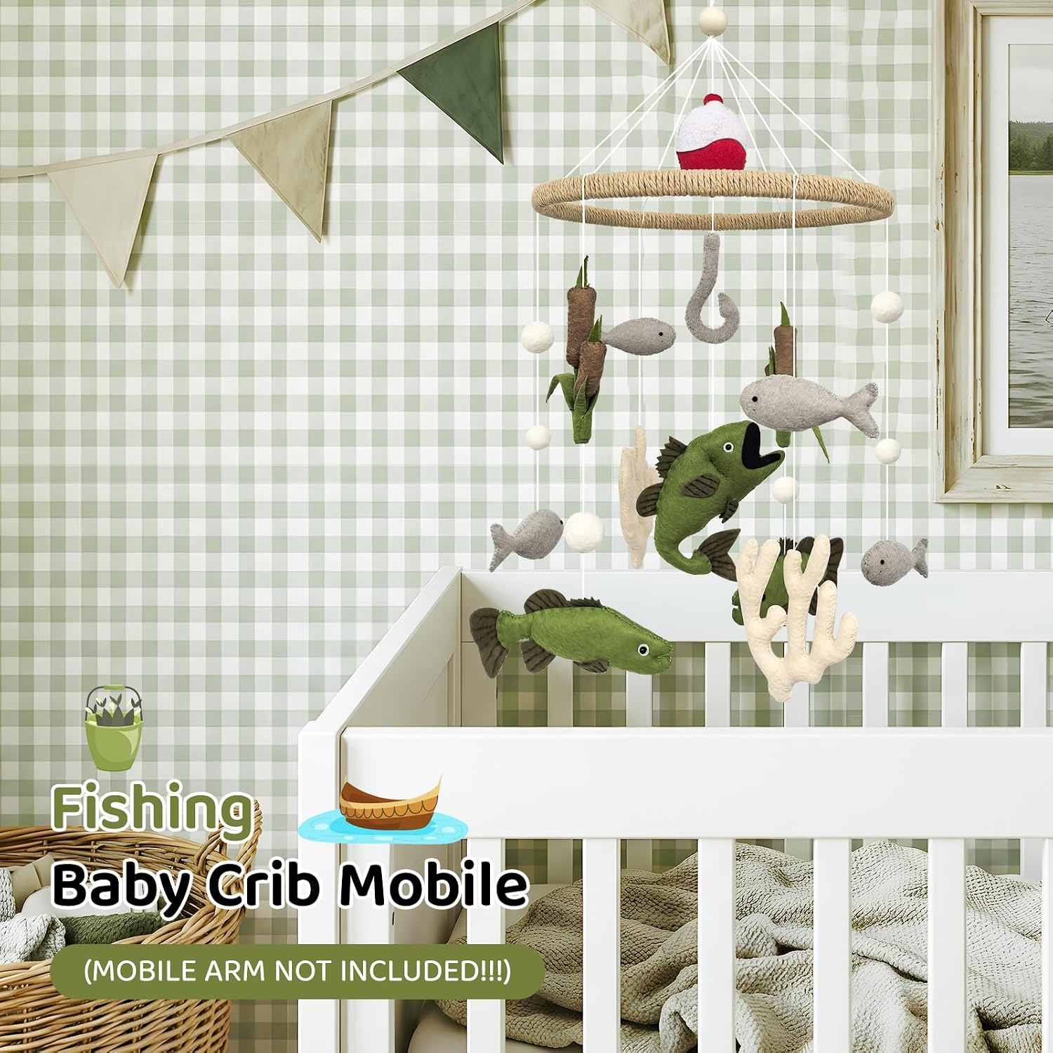 Baby Mobile for Crib Fishing Crib Mobile for Boys Handmade Vintage Hunting Nursery Decor for Infant Bedroom Hanging Rustic Lake House Decor Gone Fishing Party Decorations Baby Shower Gift