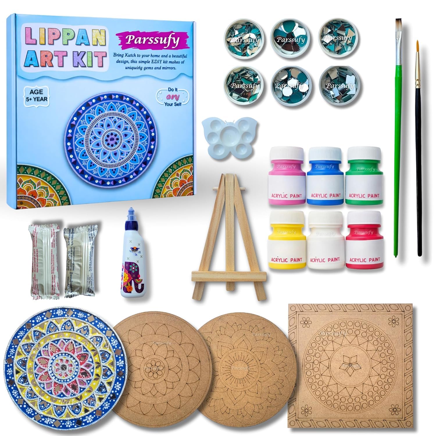 Parssufy Lippan Art DIY Kit for Wall Decoration – 3 Pre-Marked 8 Inch MDF Boards with Acrylic Paints, Clay, Craft Mirrors, Brushes & Easel | Traditional Mud Art Kit for Kids & Adults-image-19