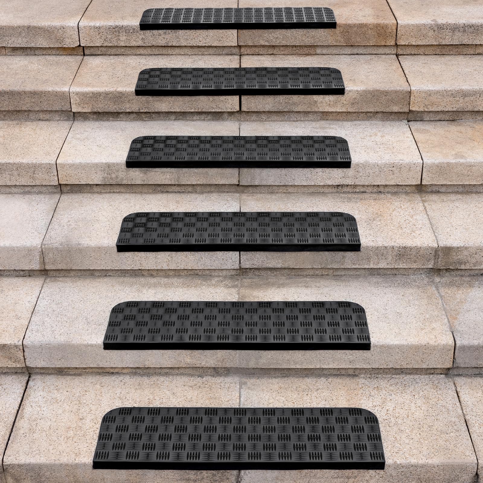 Lot De 6 Marches D'escalier Antidérapantes Flo - Caoutchouc Noir - Intérieur/Extérieur - Lavables