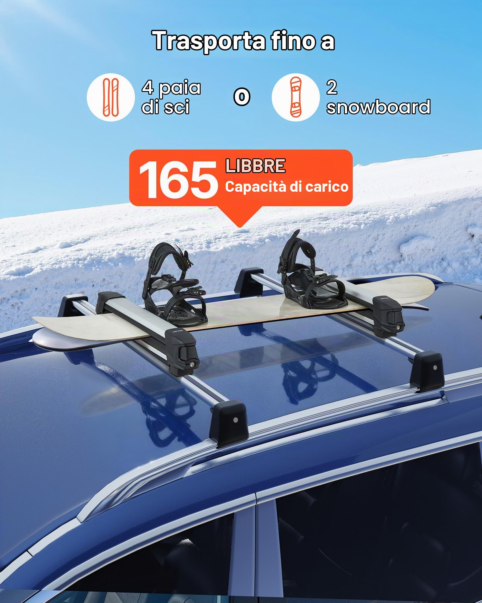 VEVOR Portasci e Snowboard, Portasci per Tetto Auto Scanalatura a T Porta 4 Paia di Sci o 2 Snowboard, 2 Supporti Universali in Alluminio per Portapacchi Auto con Serratura e Imbottitura in Gomma