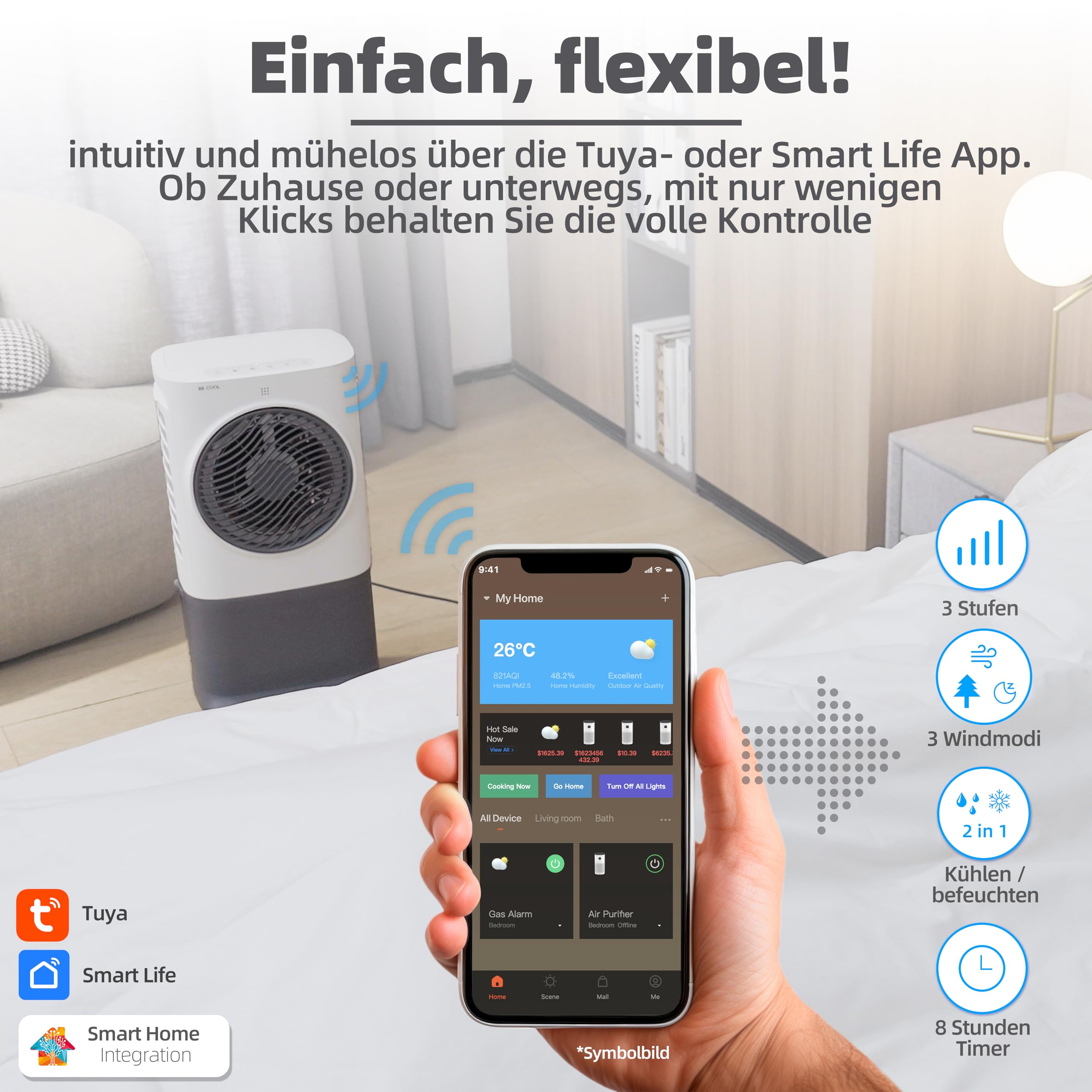 BE COOL Premium Luftkühler BC6ACP2501W mit WiFi, 6,5L Wassertank, 340 m³/h Luftleistung, Timer, Fernbedienung, LED-Display, 3 Modi, mobil, leise (≤50dB)