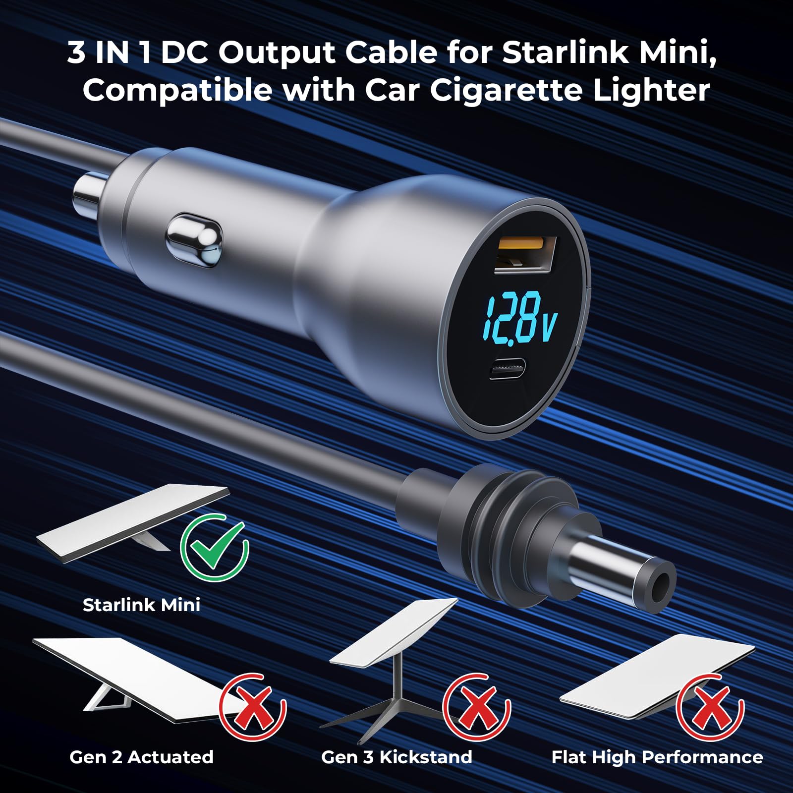 Starlink Mini Cable Starlink Mini Accessories Car Charger 3-in-1 DC Power Cable with 12V-48V Cigarette Lighter Adapter PD — view 2