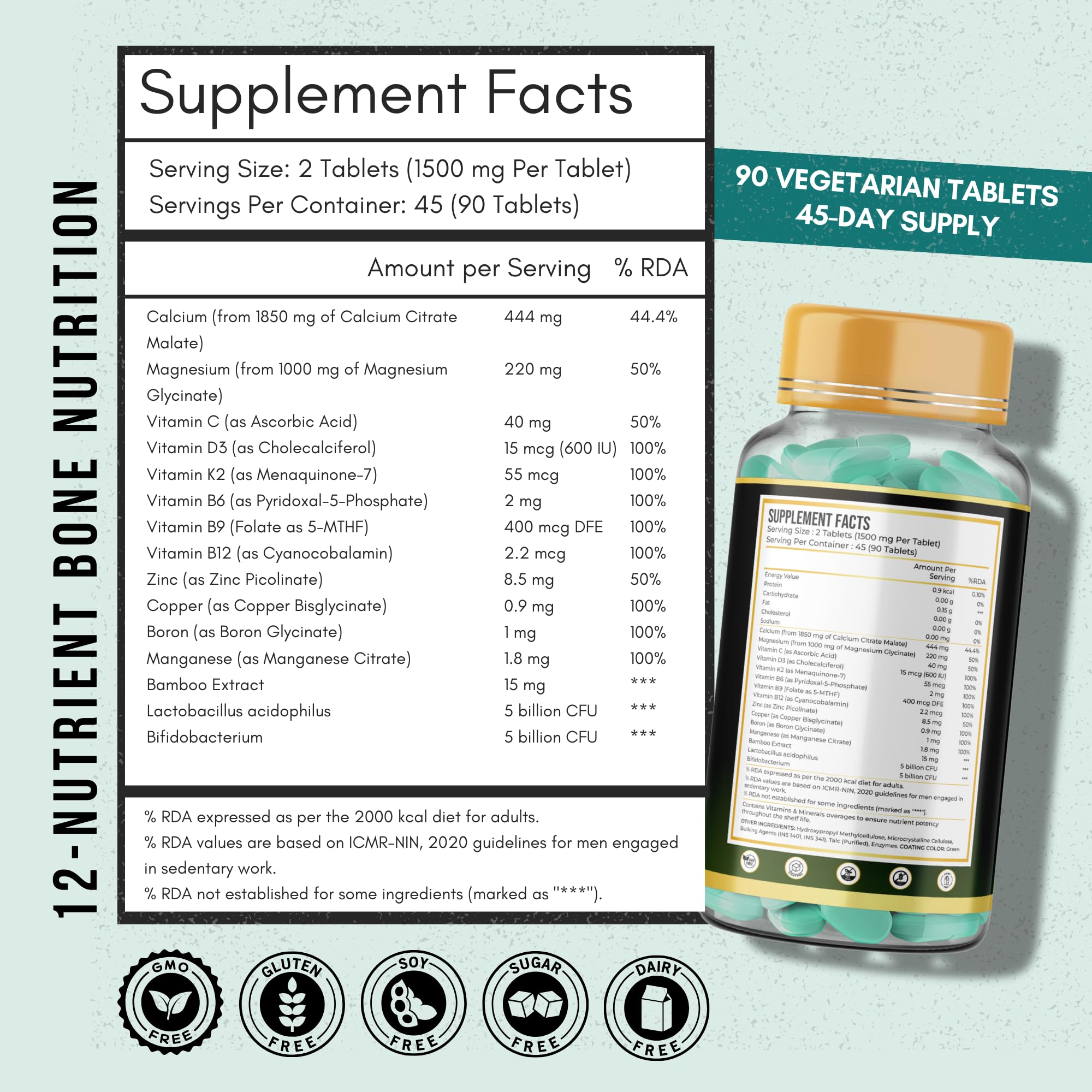 Calcium and Vitamin D3 Tablets | 15 Actives: Calcium Magnesium Zinc with K2 MK-7 & Probiotics | Gentle on Stomach · High Absorption | Bone Health Supplement | 180 Veg Tablets (90 Days) — Amazon image 2