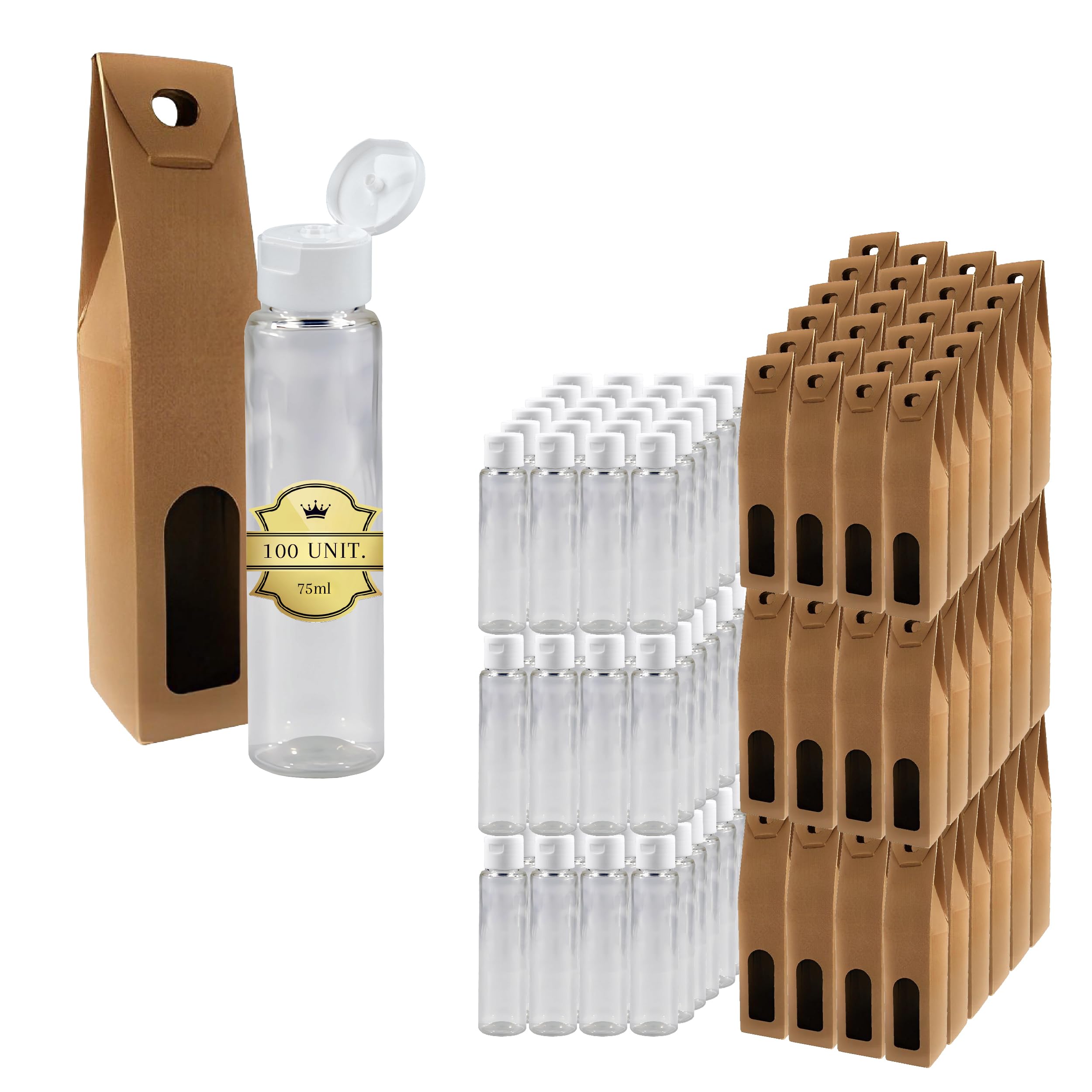 Confezione da 100 flaconi da viaggio da 75 ml in plastica con tappo a flop e scatola, bottiglie per cosmetici, lozione, shampoo, gel doccia, campioni, regali