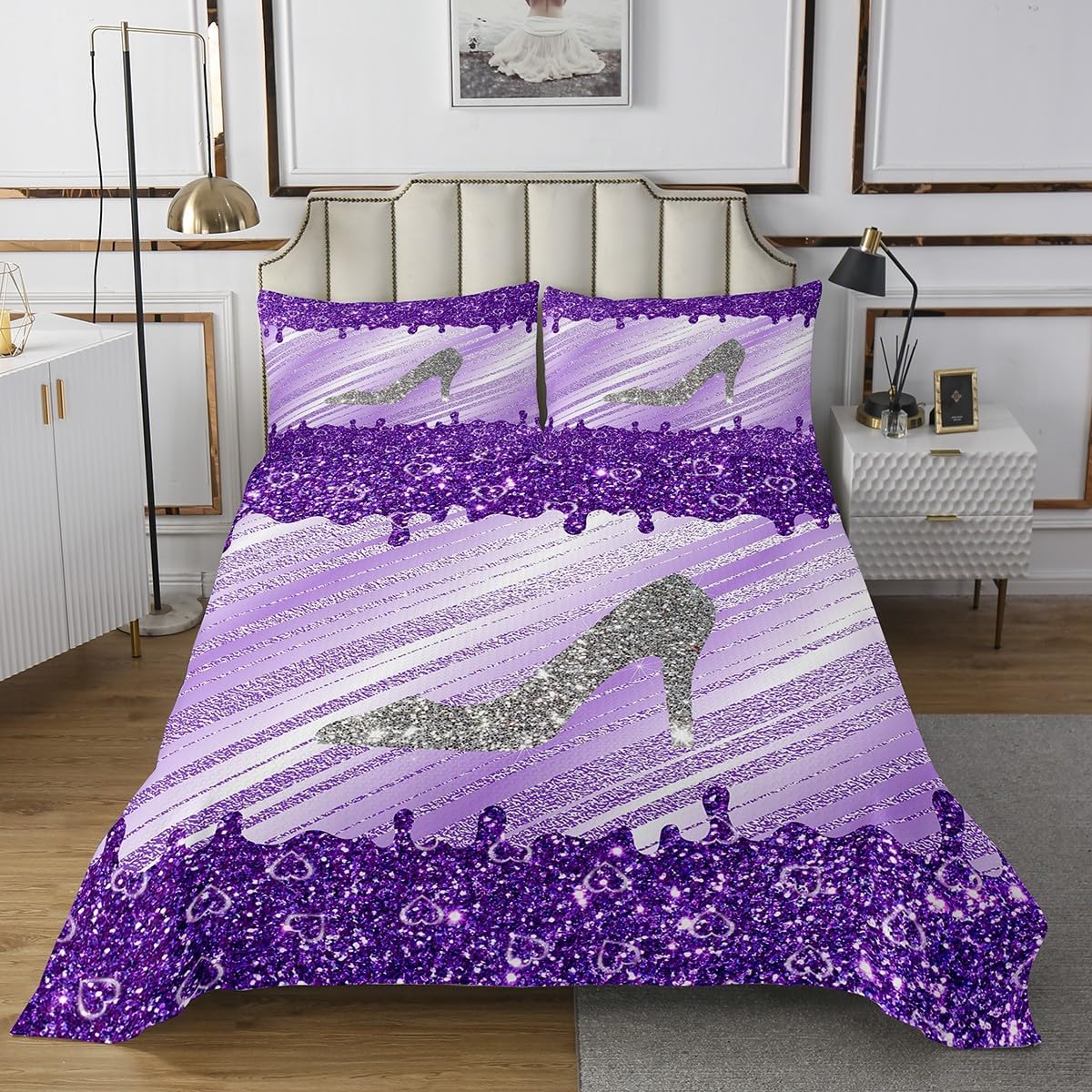 Feelyou Purple Glitter Print Bedspread Twin Size Shoes Coverlet Set Diamond Print Quilt Set Pastel Decor Bed Cover for Boys Girls Kids Adults(No Glitter)