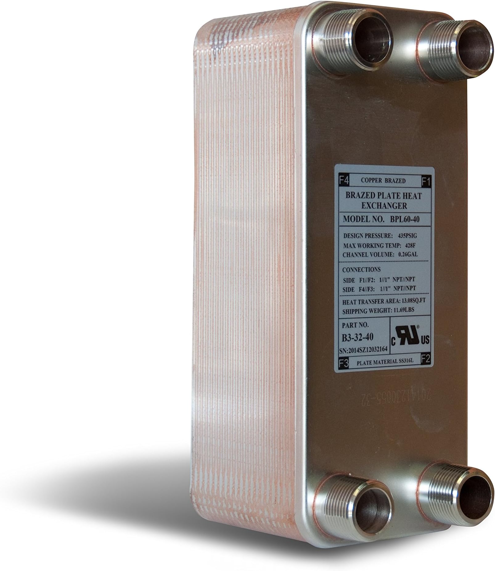 Brazed Plate Heat Exchanger, 5x12- 50 Plate Water to Water Heat Exchanger 100,000 BTU 1" MPT B3-32-50