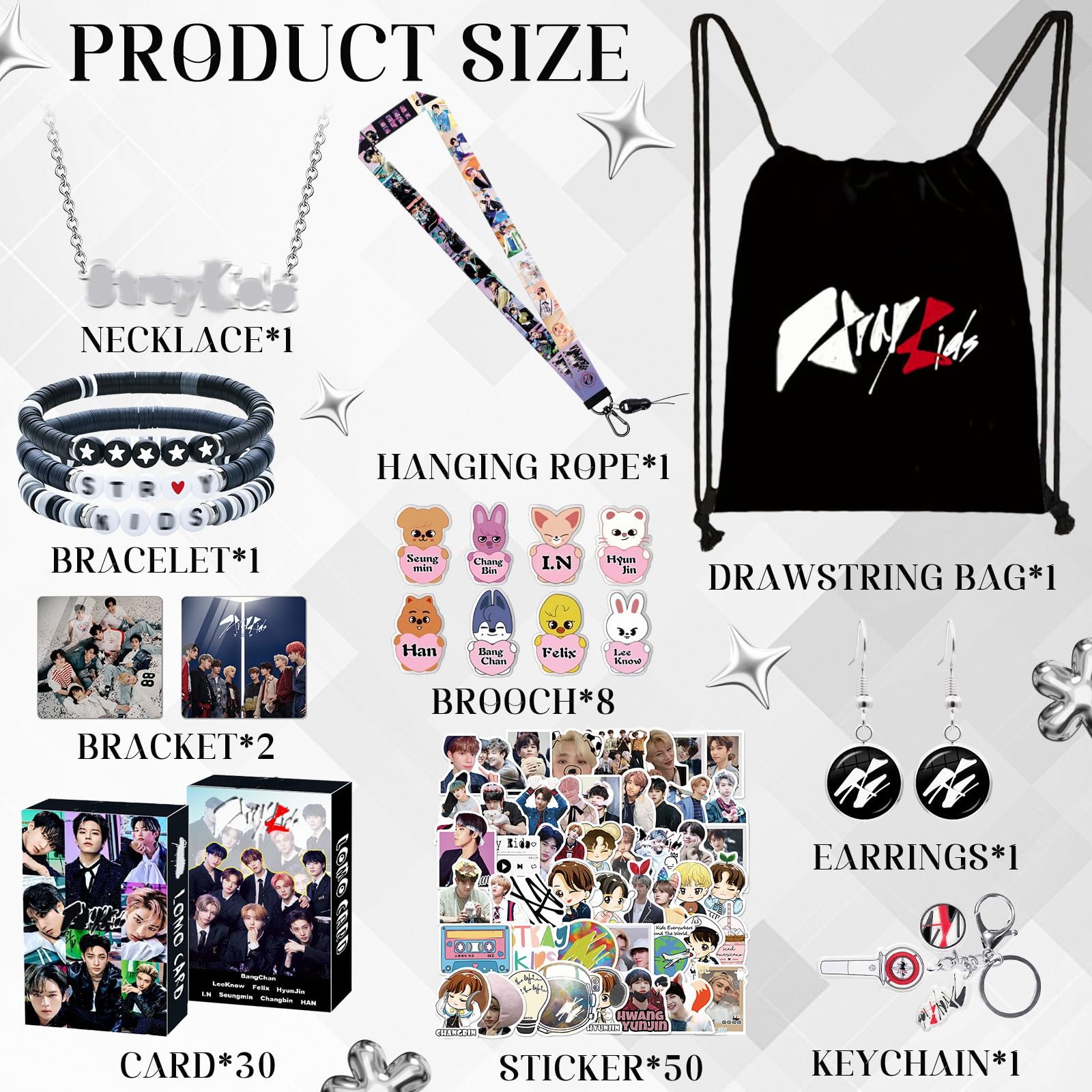 96 Pcs Strraykiid Set Regalo, SKZ Merch, con Strraykiid Photocard, Sacca Sportiva, Portachiavi e Stickers, Idea Regalo per Fans