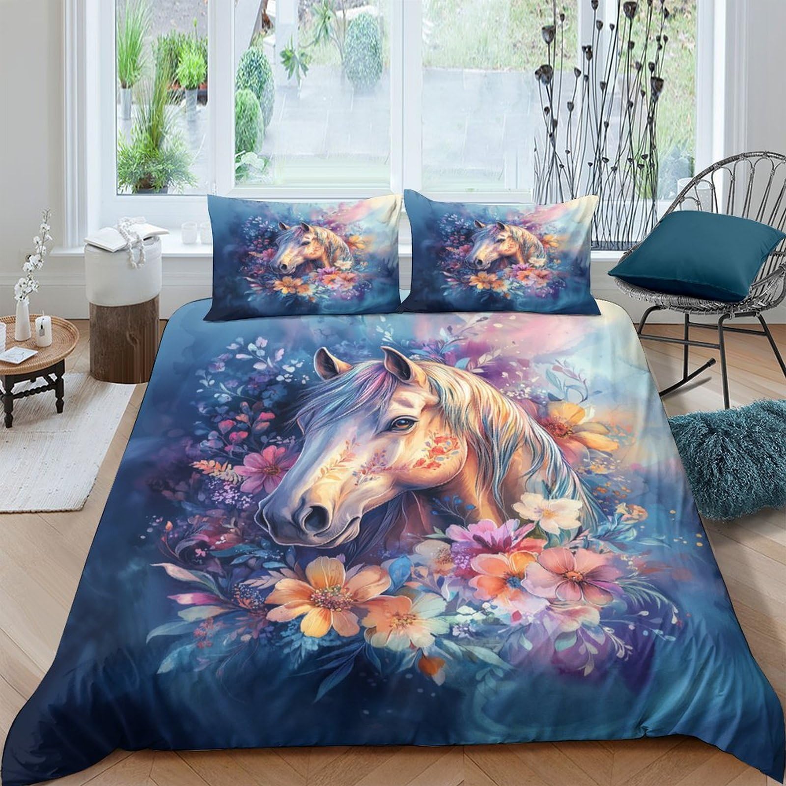 Ctjqhvkz Style-7 3D Printed Watercolor Horse Fitted Sheet Microfiber Soft Mattress Cover Floral Bed Decor For Bedroom Dorm Single（135X200cm）