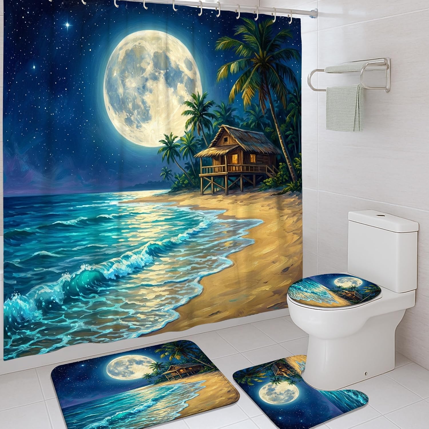 Moon Shower Curtain Sets, Tropical Scenic Ocean Palm Summer Blue Waterproof Fabric Bathroom Sets with Shower Curtain and Rugs for Bath Bathtub Apartment Decor 72x72 Inch
