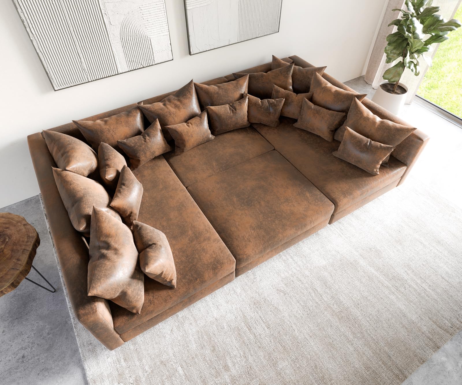 DeLife Canapé Clovis Marron Look Vintage avec Tabouret Canapé panoramique modulable
