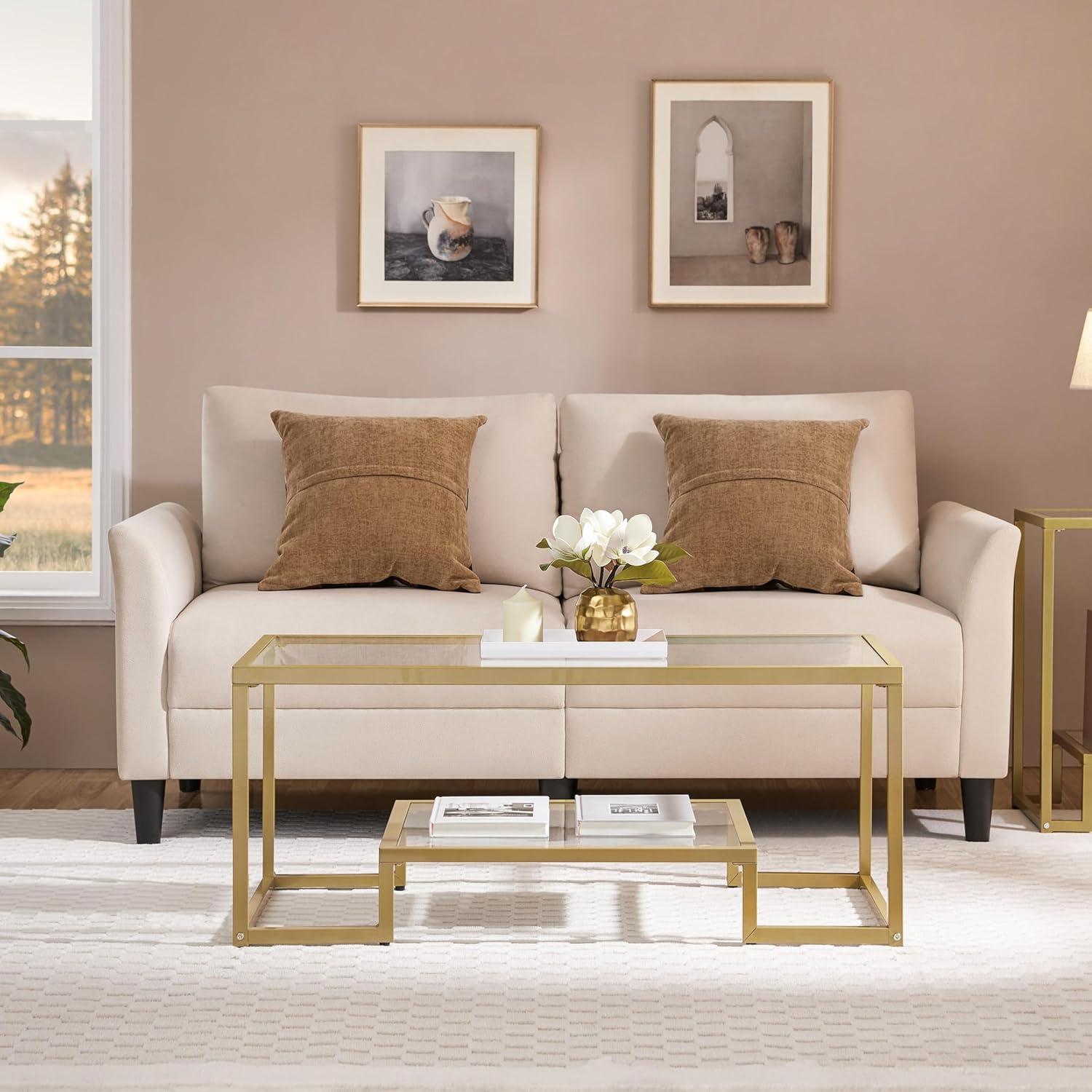 Yaheetech Gold Coffee Table, 42" Rectangular Glass Coffee Table for Living Room, 2-Tier Living Room Tables with Storage Center Tea Tables with Metal Frame for Small Space, Apartment, Office