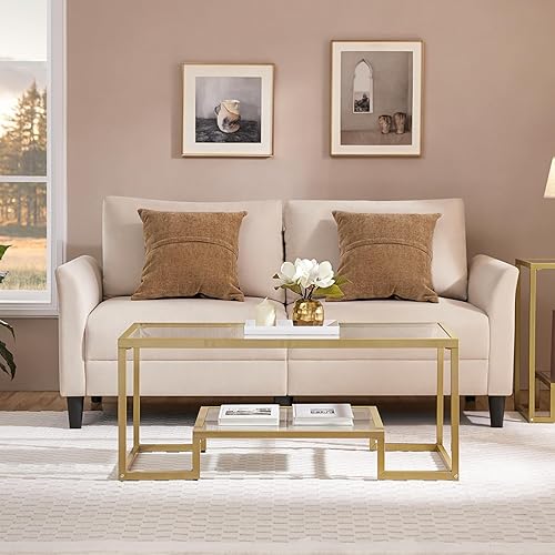 Miniatura 4 de Yaheetech Mesa de Café Dorada, Mesa de Centro de Vidrio Rectangular de 42" para Sala de Estar, Mesas de Té de 2 Niveles con Marco de Metal para