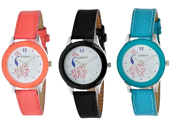 Codice White Dial Multicolor Leather Peacock Analog Watch for Girls and Women(Pack of 3) - LPECOM3