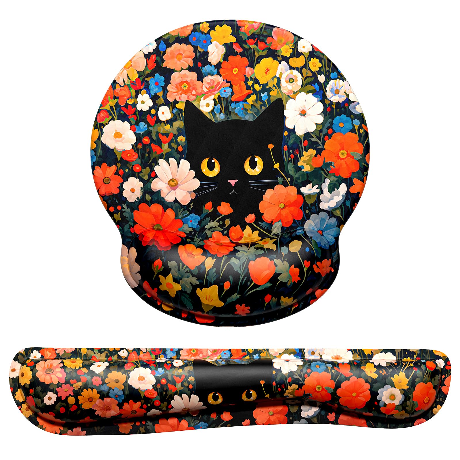 Dapesuom Keyboard Wrist Rest and Mouse Pad with Wrist Support, Cute Memory Foam Cushion for Keyboard and Mouse Set, Desktop Pad Rests with Non Slip Base for Easy Typing & Pain Relief, Cat Flower Bush