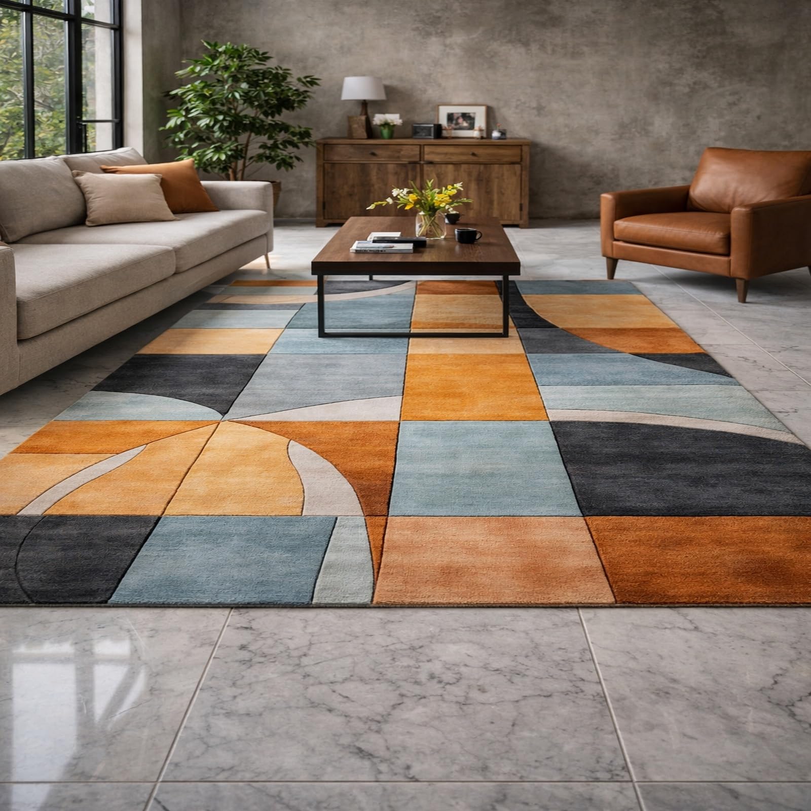 Tapis de séjour moderne géométrique bleu et orange haute densité