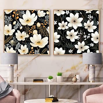 DesignQ oversized Traditional Canvas Framed Wall Decor Set - Large Beige Stunning Wall Art - Garden Dreams In Black And Beige - 33"x16" - Multipanel Floral Framed Canvas Set
