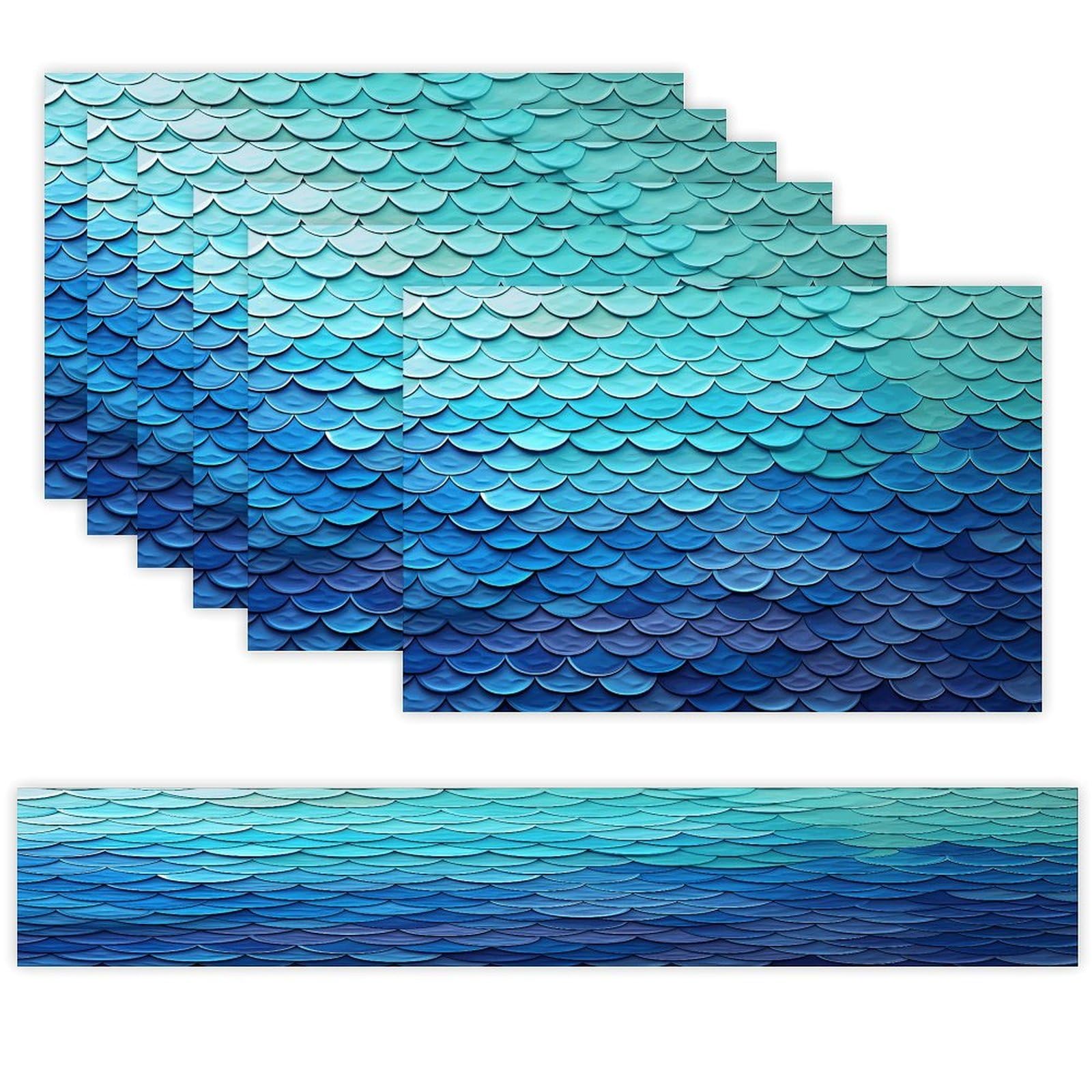 Ocean Sea Blue Mermaid Fish Scale Table Runner and Placemats of 6 Washable Heat Resistant Place Mats with Table Runner Vintage Holiday Table Mat Set for Holiday Party Kitchen Dining Deco