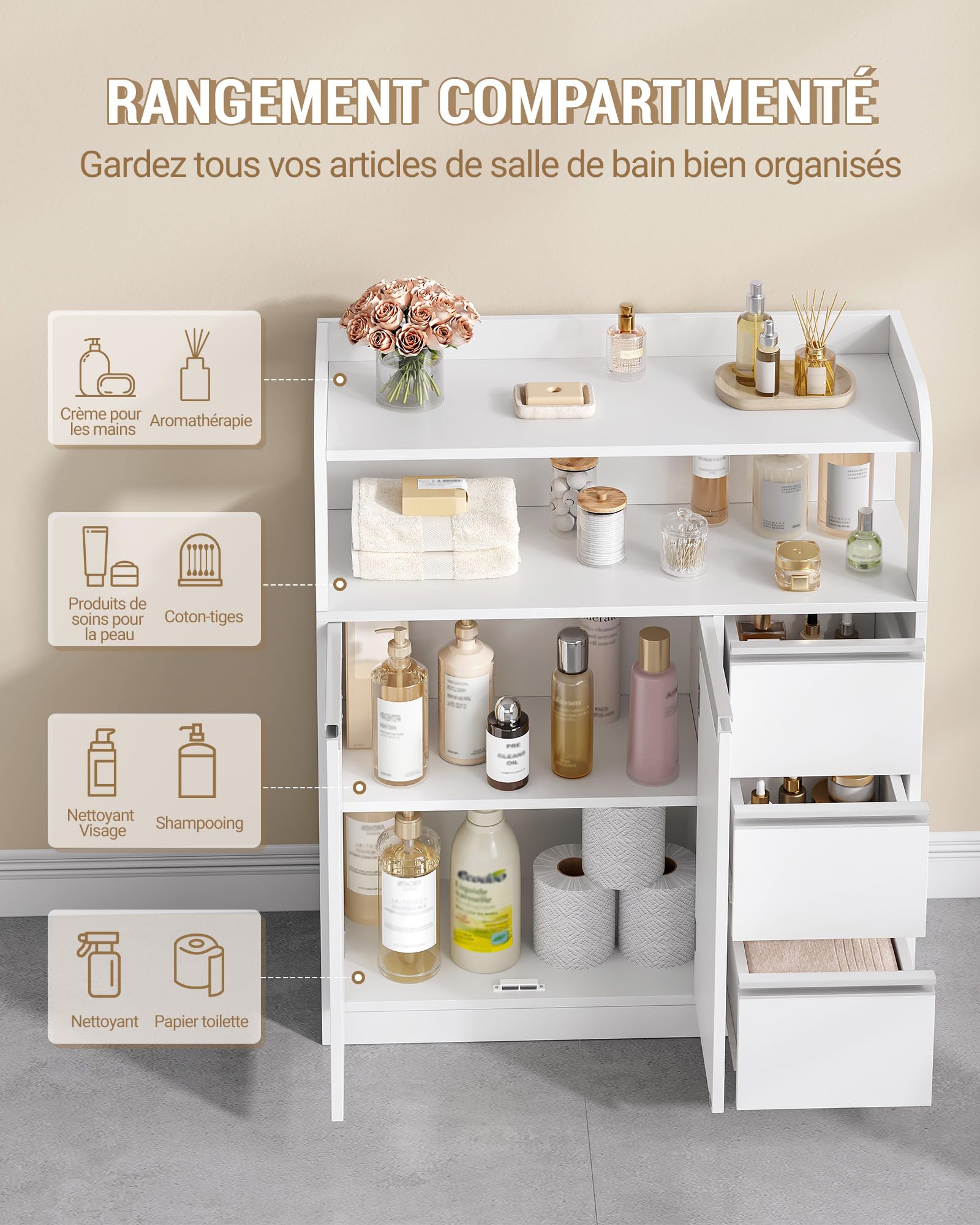Hzuaneri Meuble Salle de Bain, Meuble de Rangement avec 3 Tiroirs et 2 Portes, Armoire sur Pied avec Étagère Réglable, Commode, Moderne, pour Salon, Salle de Bain, 30 x 80 x 92 cm Blanc 5280003X