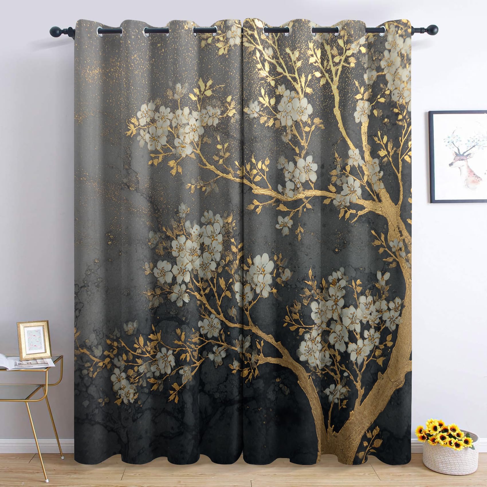 Oriental Blackout Curtains for Bedroom Living Room, Cherry Blossom Curtains 52 x 62, Thermal Insulated Eyelet Window Treatments 62 Drop, 2 Panels Drapes, Home Decor