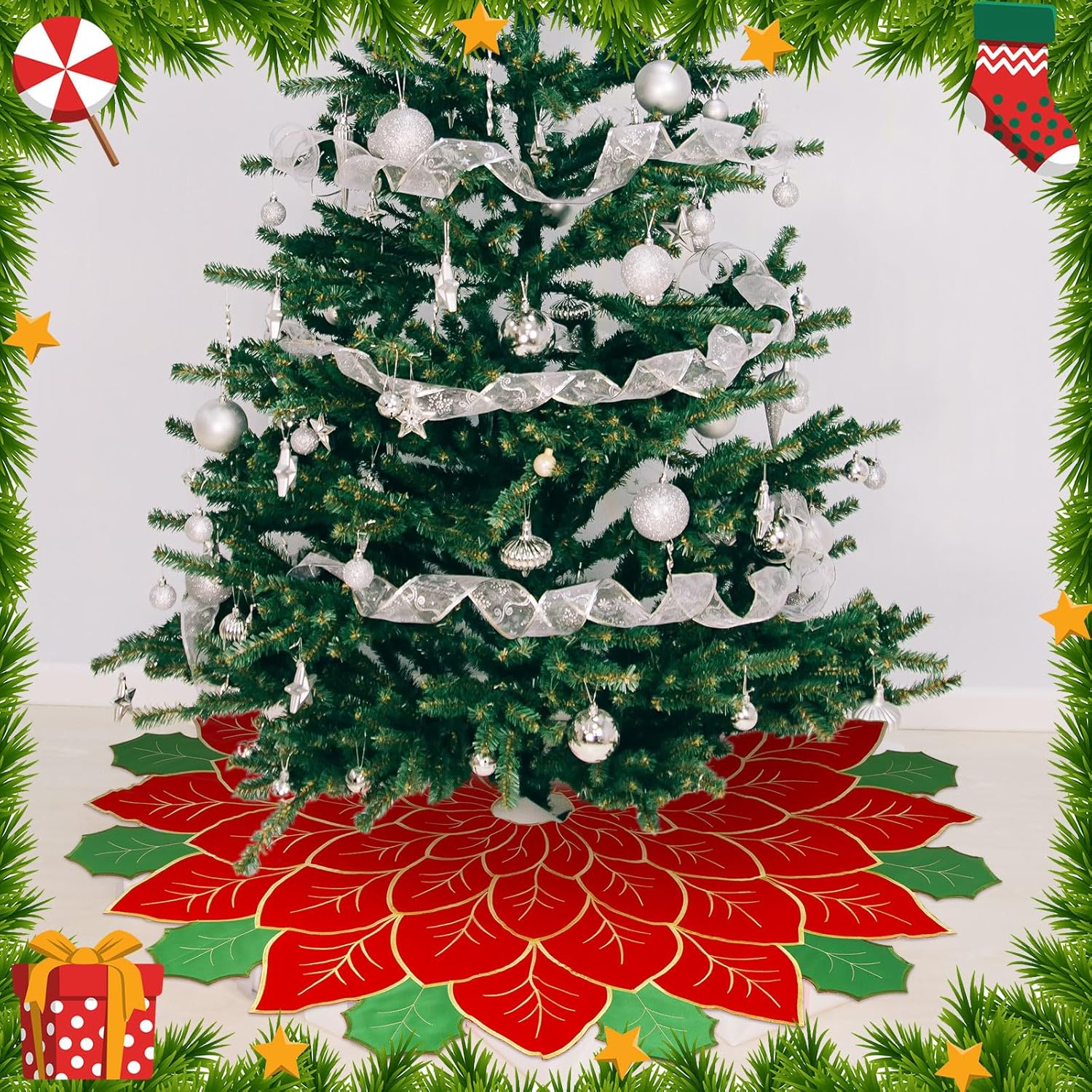 Jenaai Vintage Christmas Tree Skirt 47 Inches Poinsettia Red Green Embroidered Flower Traditional Christmas Decoration Holiday Seasonal Tree Mat for Xmas Holiday Party Ornaments Gift Supplies
