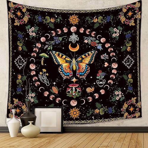 Miniatura 5 de LANG XUAN Tapiz de flores de fase lunar y mariposa, diseño botánico de hongos, para dormitorio, estético, vintage, para colgar en la pared para sala