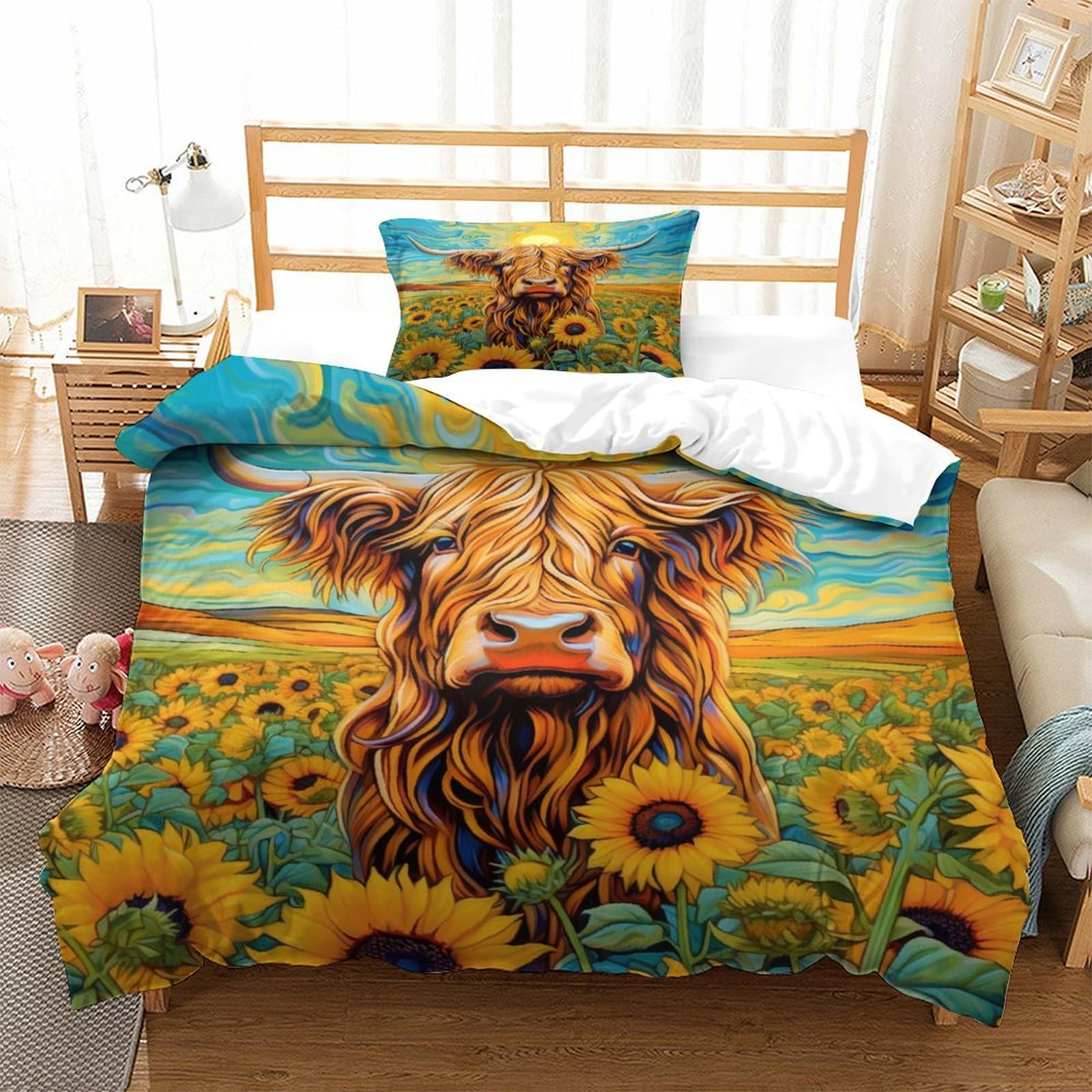 P1S9U7W5Y Rustic Sunflower 3D Printed Cow Duvet Cover Set 3pcs Microfiber Farm Bedding Set Single