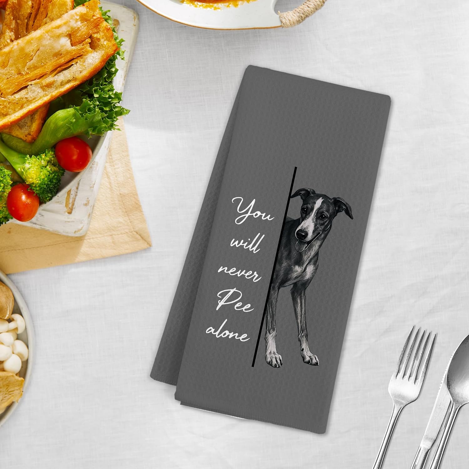 Funny Greyhound Dog Hand Towels for Bathroom, Italian Greyhound Hand Towels, You Will Never Pee Alone Dogs Dish Tea Towel for Kitchen Bathroom Decor,Dog Lover Gifts for Women Men, 16x24 Inch - Image 2